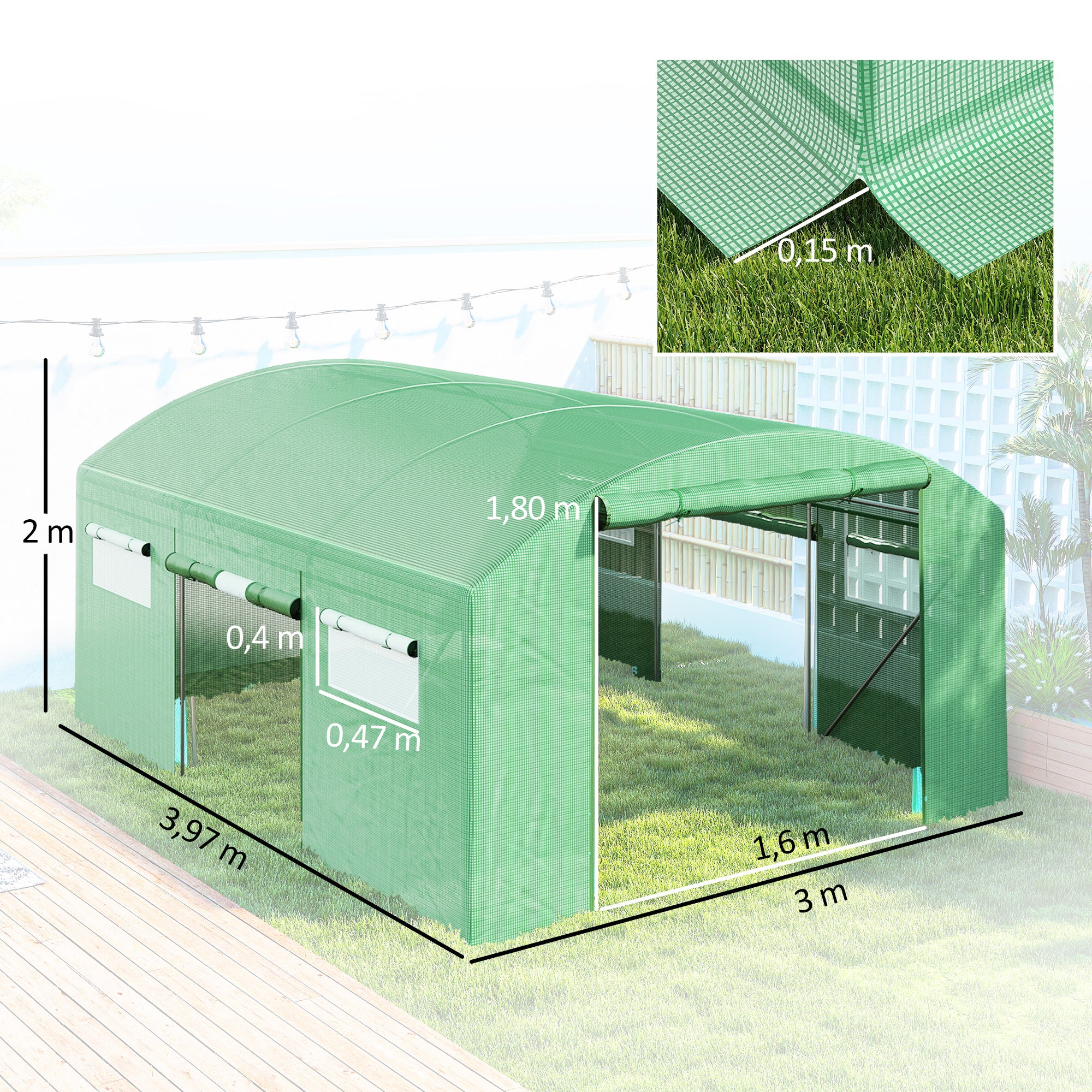 Outsunny Invernadero de Exterior 4x3x2 m Invernadero de Túnel con 6 Ventanas de Malla Cubierta de PE Anti-UV y 3 Puertas Enrollables con Cremallera para Jardín Patio Verde