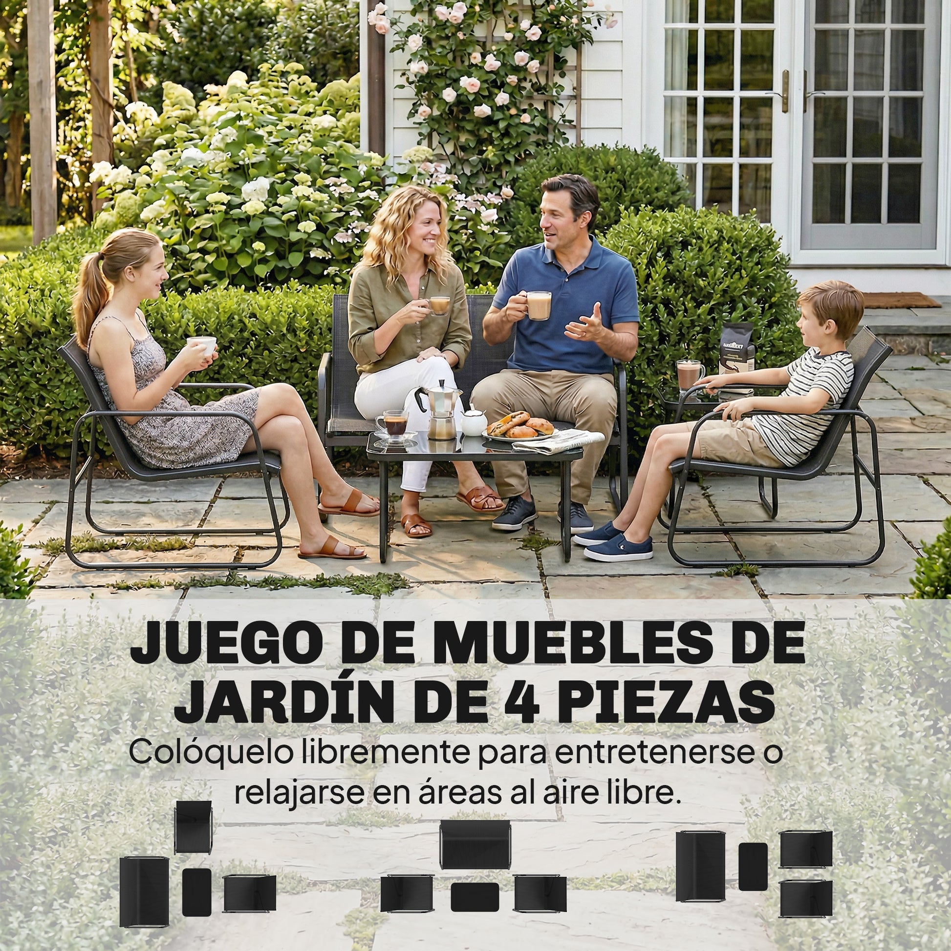 Outsunny Conjunto Jardín Exterior de 4 Piezas, Muebles Jardín Exterior con Sofá de 2 Plazas, 2 Sillones, Mesa de Vidrio Templado, Tela de Textilene Transpirable, Estructura de Acero, Gris Oscuro