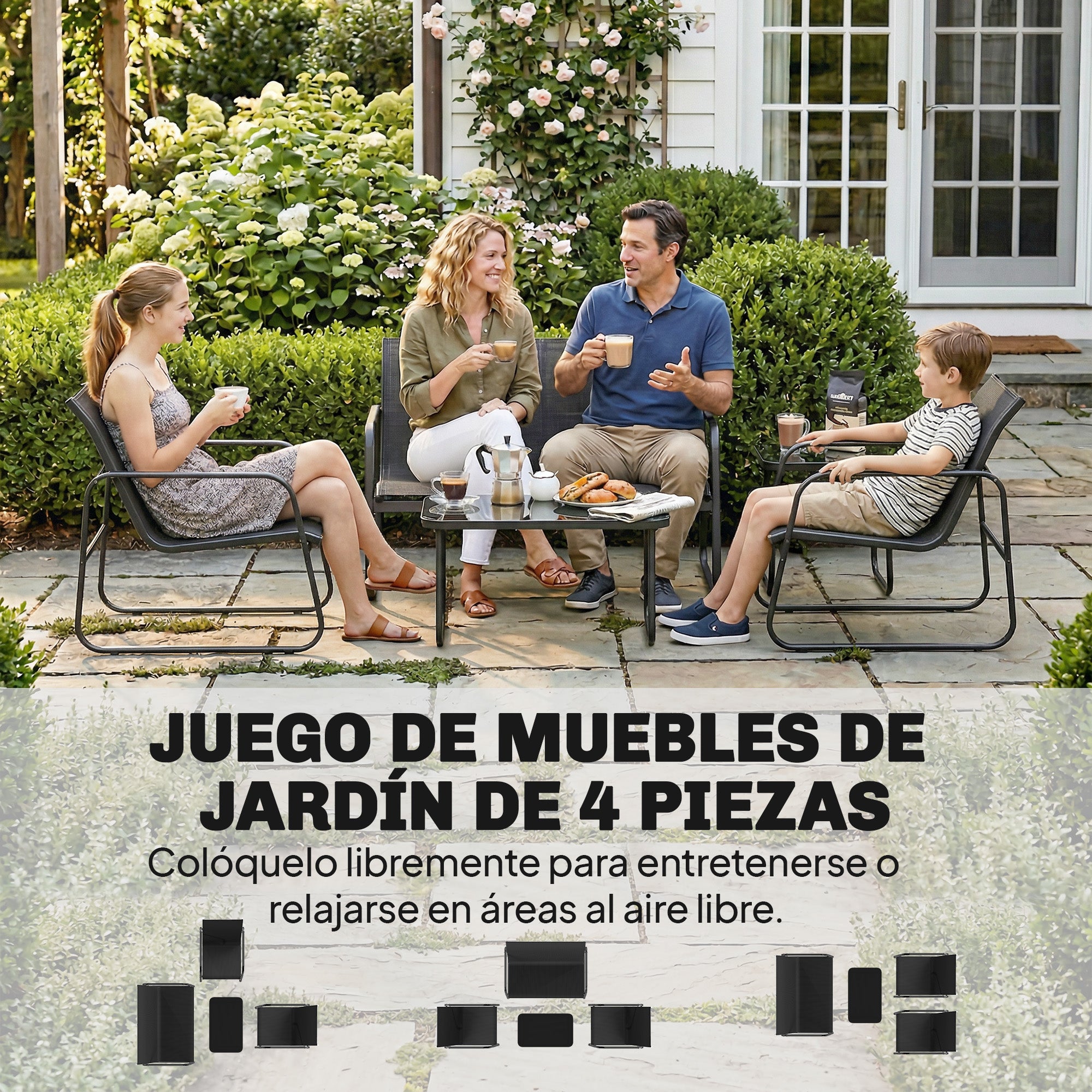 Outsunny Conjunto Jardín Exterior de 4 Piezas, Muebles Jardín Exterior con Sofá de 2 Plazas, 2 Sillones, Mesa de Vidrio Templado, Tela de Textilene Transpirable, Estructura de Acero, Gris Oscuro