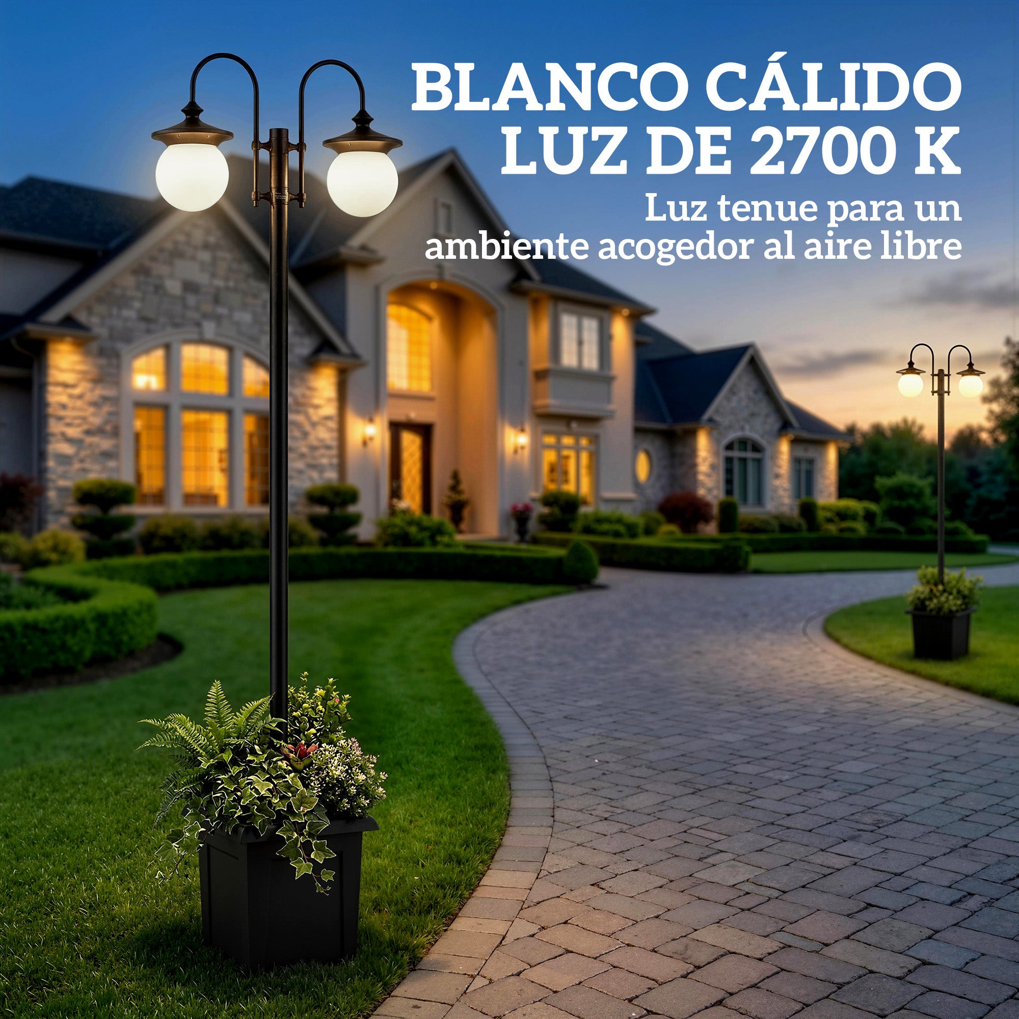 Outsunny Farola Solar Exterior de Jardín con Macetero 2 Cabezales Impermeable IP44 Encendido/Apagado Automático y Altura Ajustable Luz Solar de Exterior LED para Terraza Patio 53,5x30x182 cm Negro
