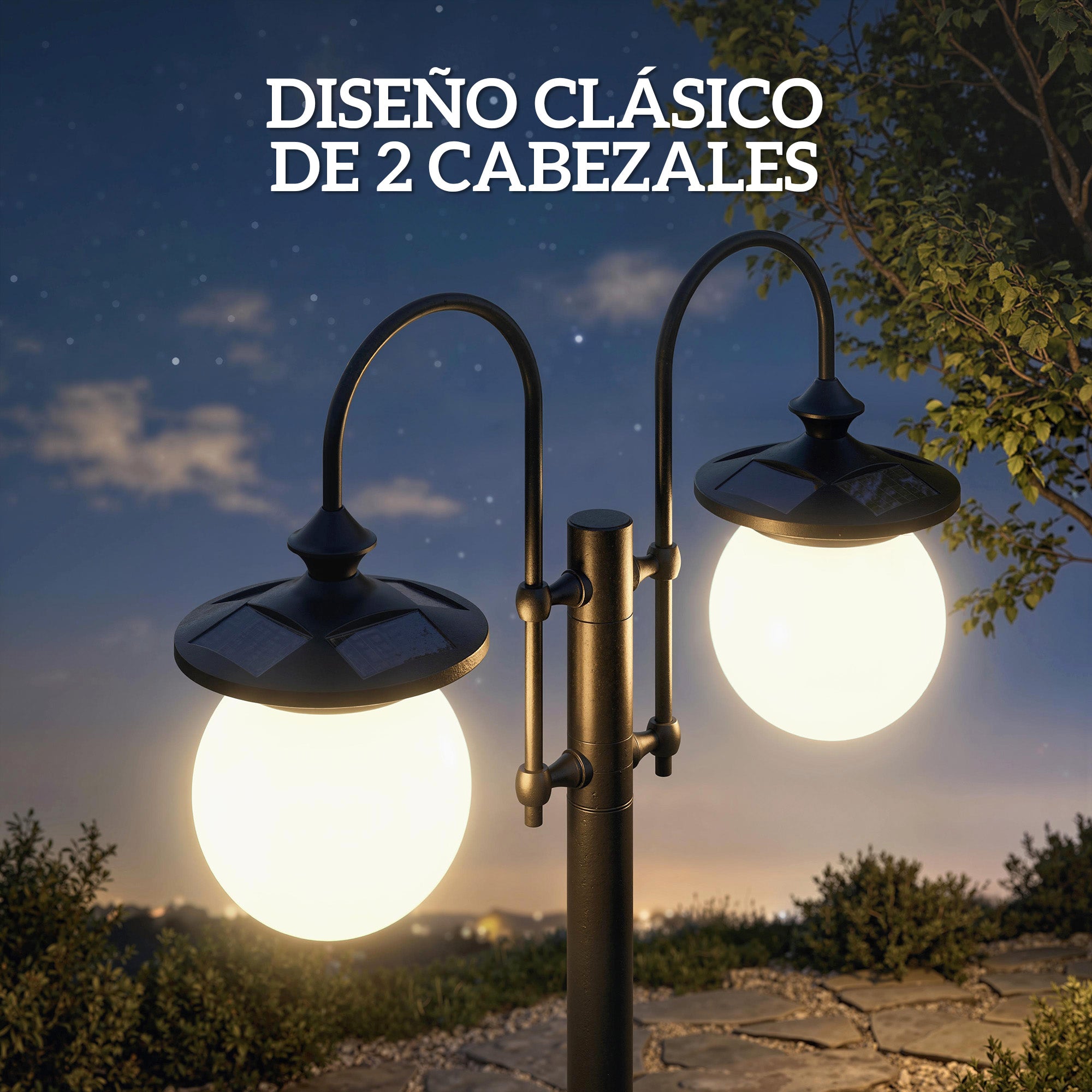 Outsunny Farola Solar Exterior de Jardín con Macetero 2 Cabezales Impermeable IP44 Encendido/Apagado Automático y Altura Ajustable Luz Solar de Exterior LED para Terraza Patio 53,5x30x182 cm Negro