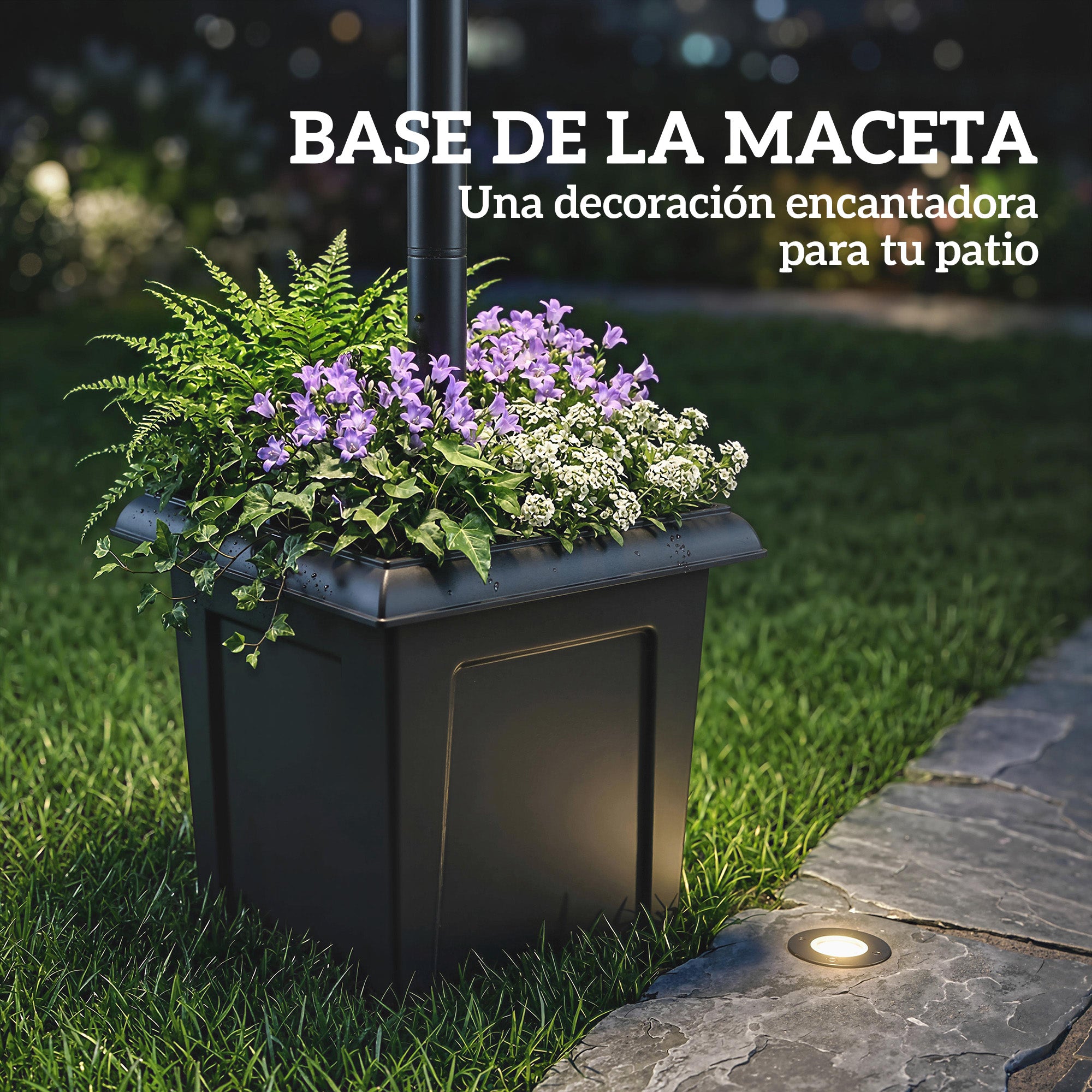 Outsunny Farola Solar Exterior de Jardín con Macetero 2 Cabezales Impermeable IP44 Encendido/Apagado Automático y Altura Ajustable Luz Solar de Exterior LED para Terraza Patio 53,5x30x182 cm Negro