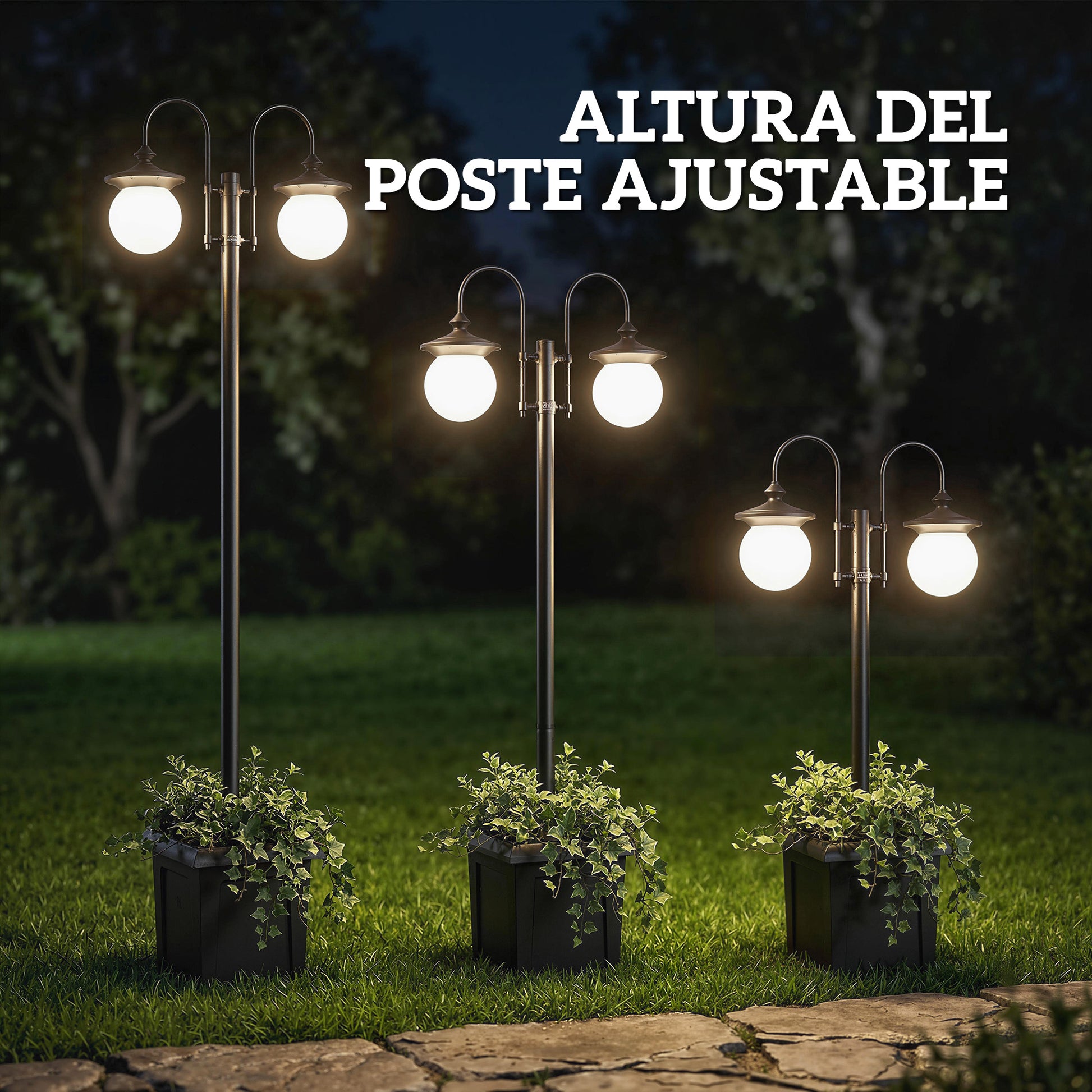 Outsunny Farola Solar Exterior de Jardín con Macetero 2 Cabezales Impermeable IP44 Encendido/Apagado Automático y Altura Ajustable Luz Solar de Exterior LED para Terraza Patio 53,5x30x182 cm Negro