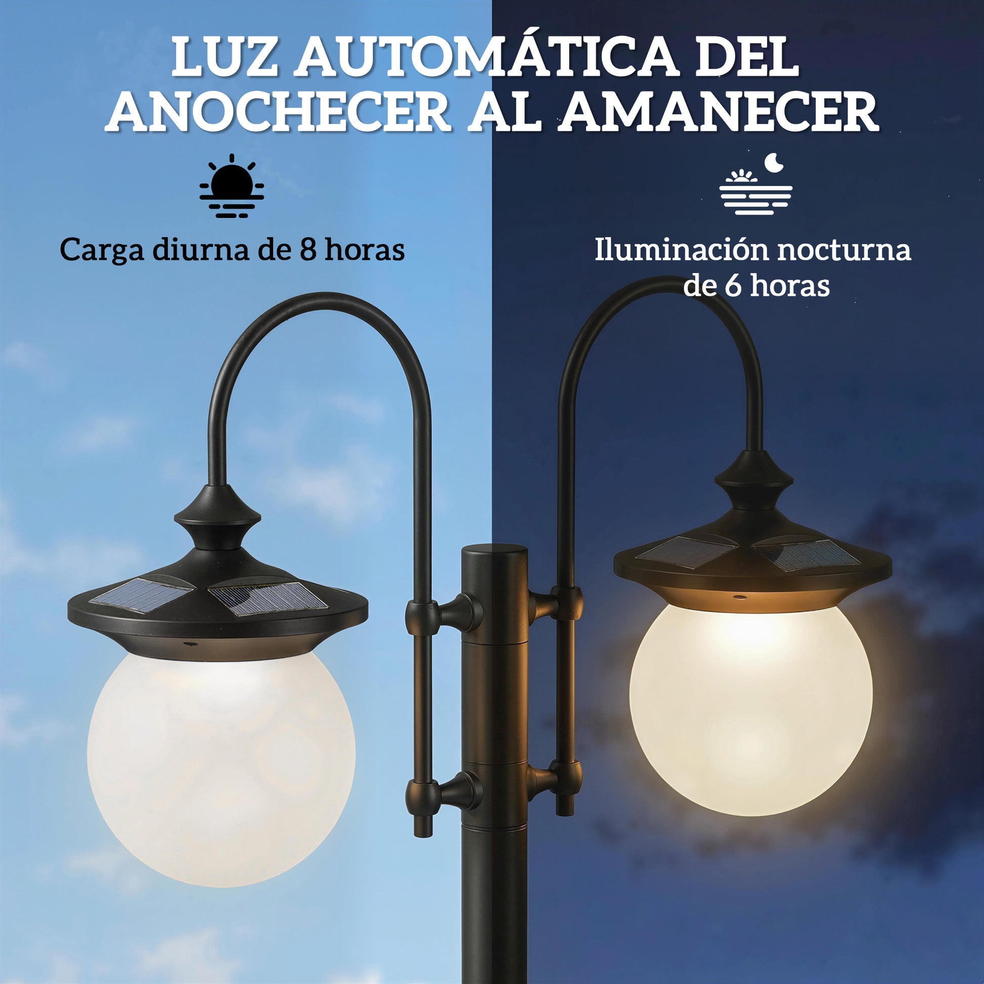 Outsunny Farola Solar Exterior de Jardín con Macetero 2 Cabezales Impermeable IP44 Encendido/Apagado Automático y Altura Ajustable Luz Solar de Exterior LED para Terraza Patio 53,5x30x182 cm Negro
