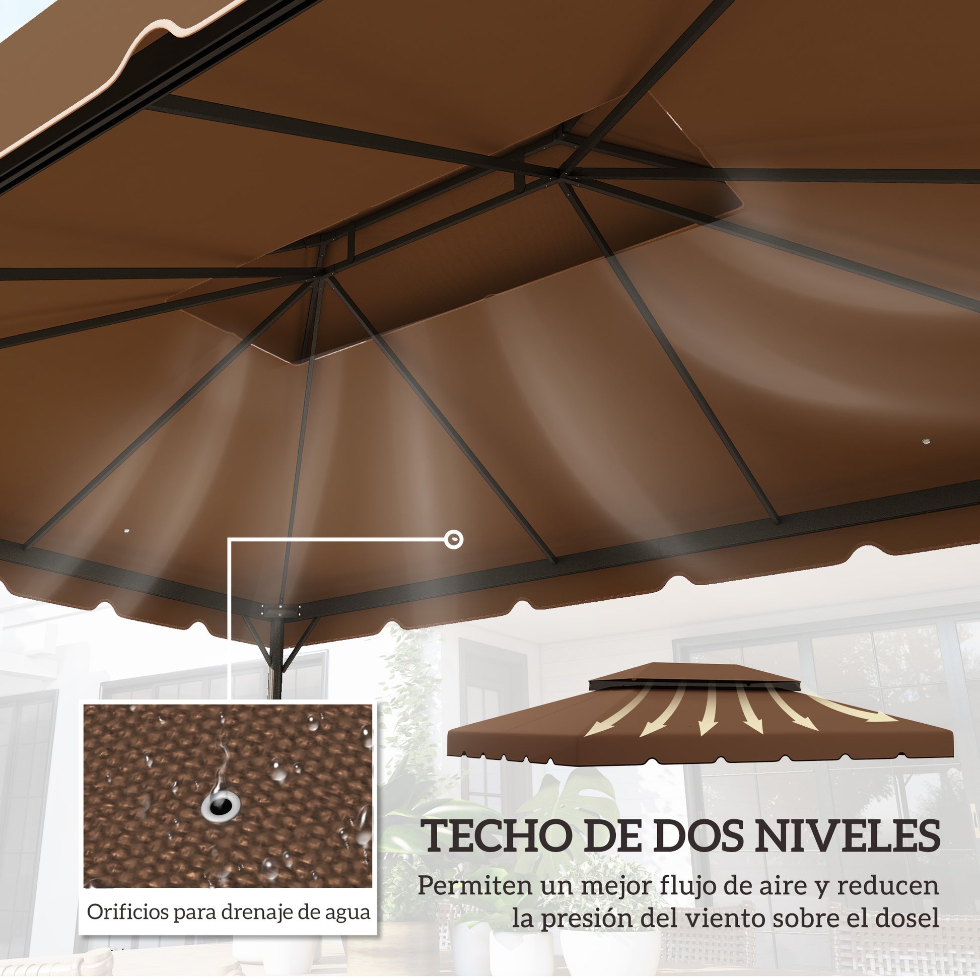 Outsunny Techo de Repuesto para Cenador, 4x3 m, Cubierta de Repuesto con Doble Techo, 8 Orificios de Drenaje, SOLO Toldo de Recambio para Pabellón Gazebo, Café