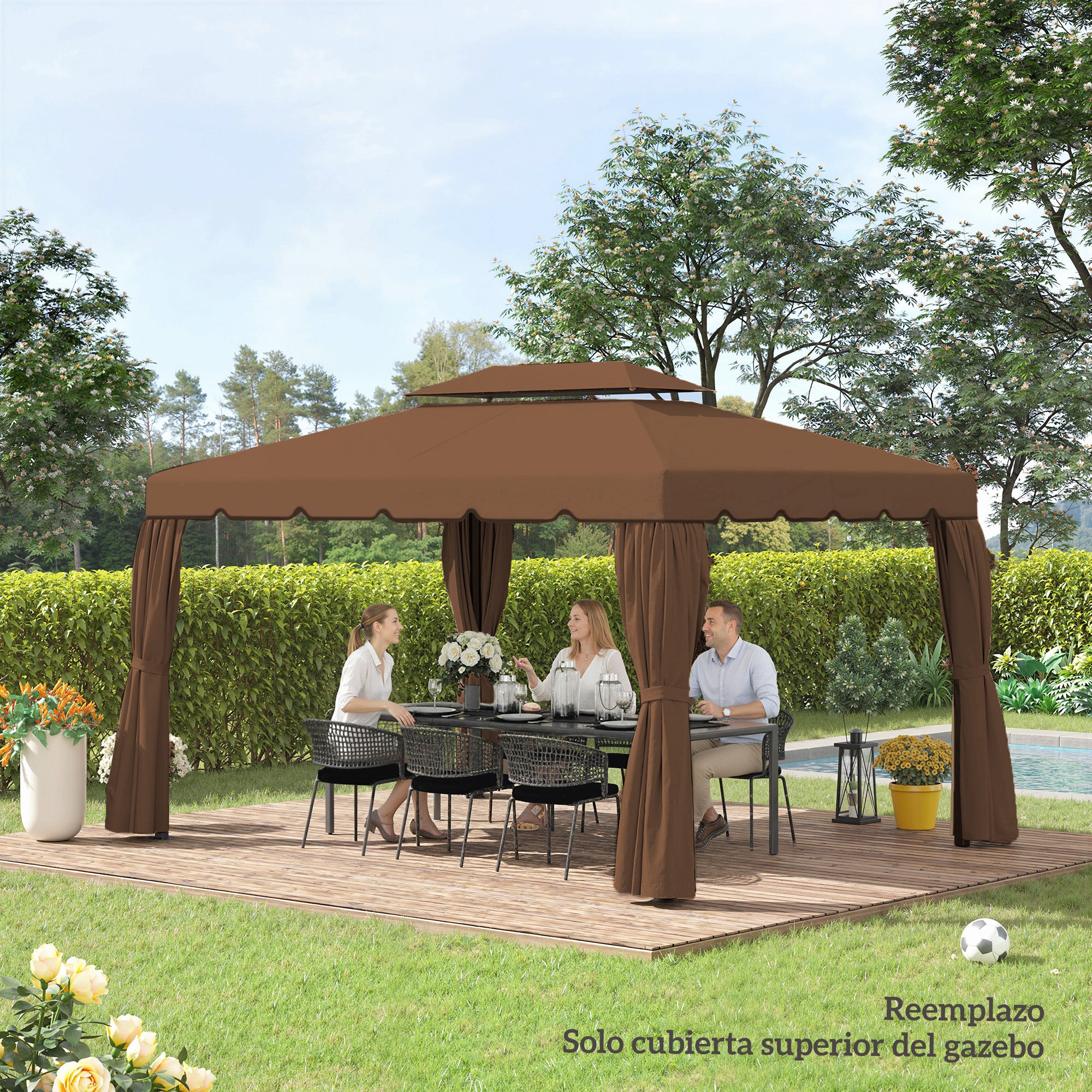 Outsunny Techo de Repuesto para Cenador, 4x3 m, Cubierta de Repuesto con Doble Techo, 8 Orificios de Drenaje, SOLO Toldo de Recambio para Pabellón Gazebo, Café