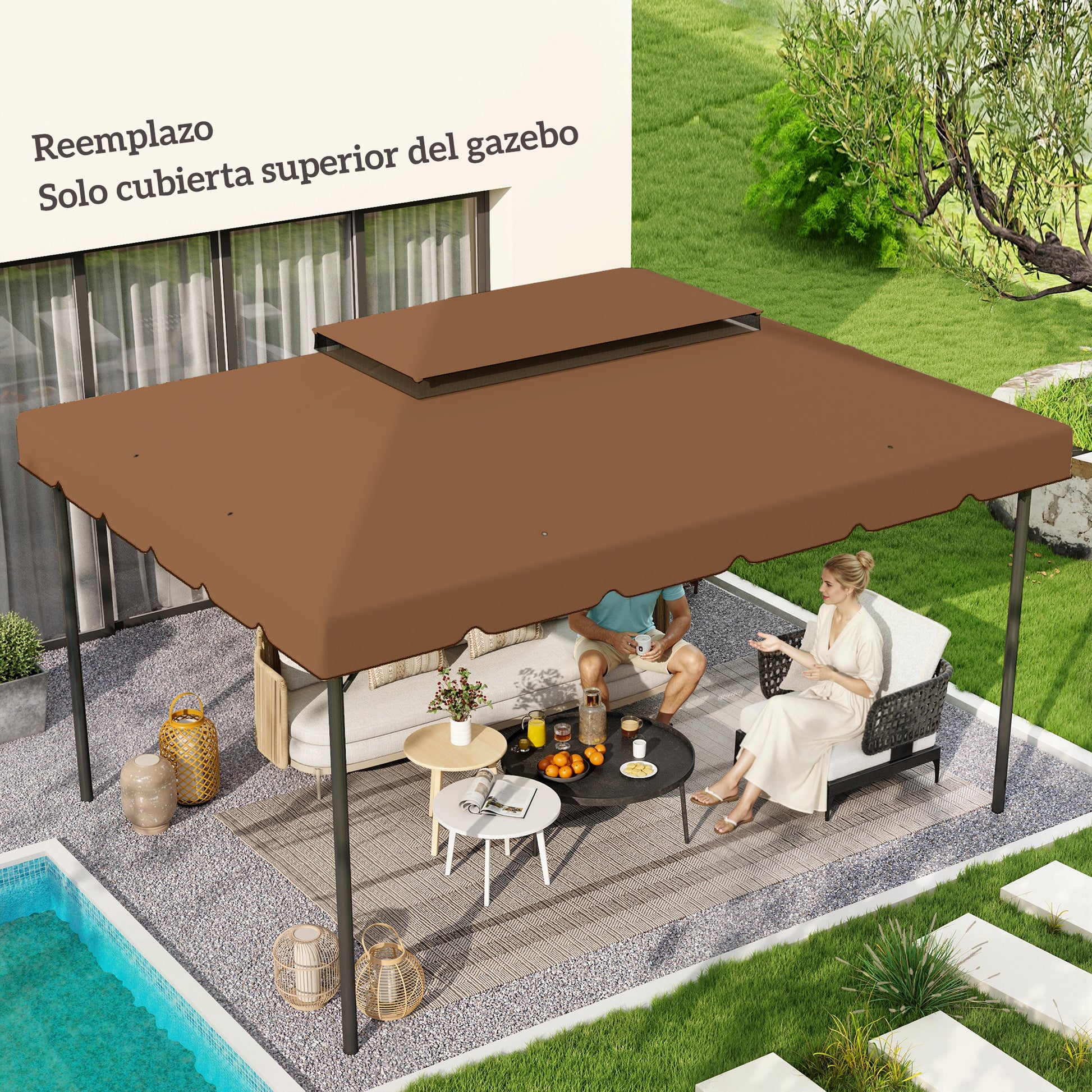 Outsunny Techo de Repuesto para Cenador, 4x3 m, Cubierta de Repuesto con Doble Techo, 8 Orificios de Drenaje, SOLO Toldo de Recambio para Pabellón Gazebo, Café