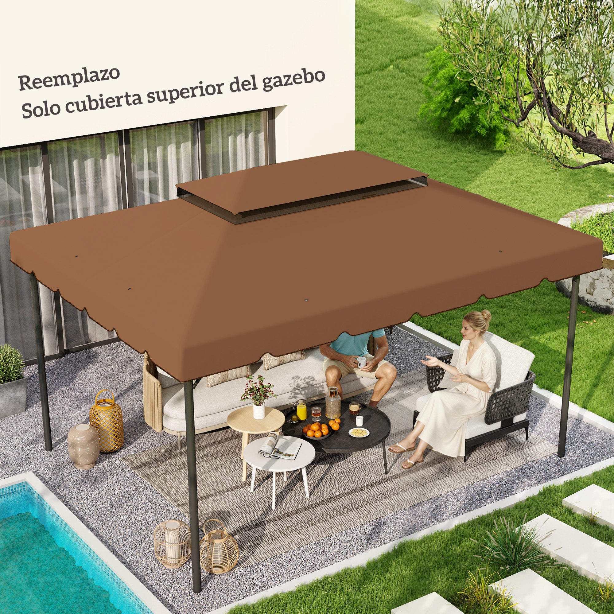 Outsunny Techo de Repuesto para Cenador, 4x3 m, Cubierta de Repuesto con Doble Techo, 8 Orificios de Drenaje, SOLO Toldo de Recambio para Pabellón Gazebo, Café