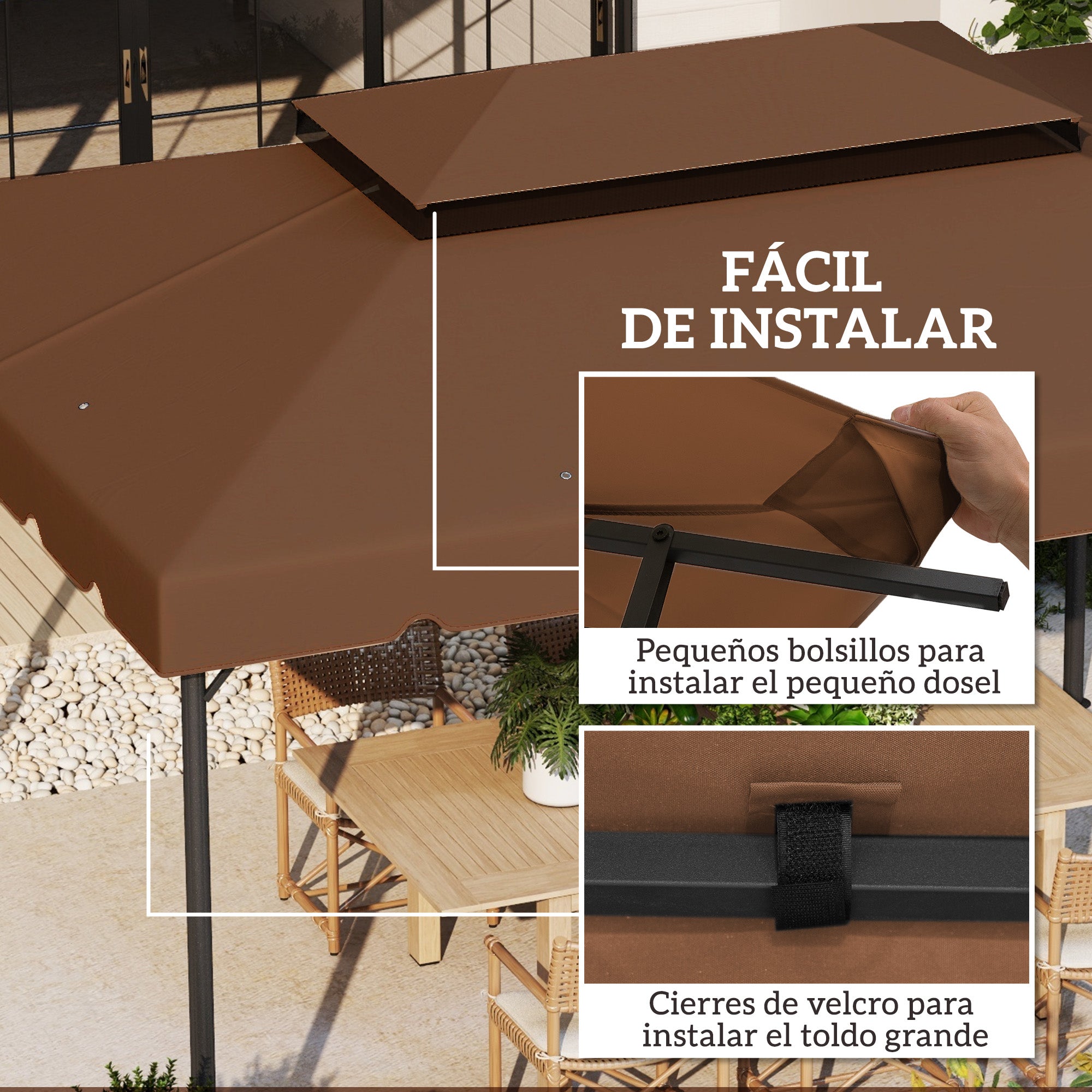 Outsunny Techo de Repuesto para Cenador, 4x3 m, Cubierta de Repuesto con Doble Techo, 8 Orificios de Drenaje, SOLO Toldo de Recambio para Pabellón Gazebo, Café
