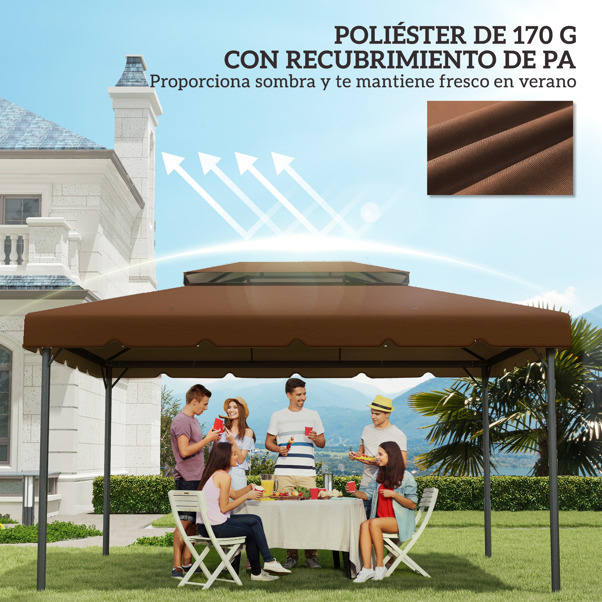 Outsunny Techo de Repuesto para Cenador, 4x3 m, Cubierta de Repuesto con Doble Techo, 8 Orificios de Drenaje, SOLO Toldo de Recambio para Pabellón Gazebo, Café