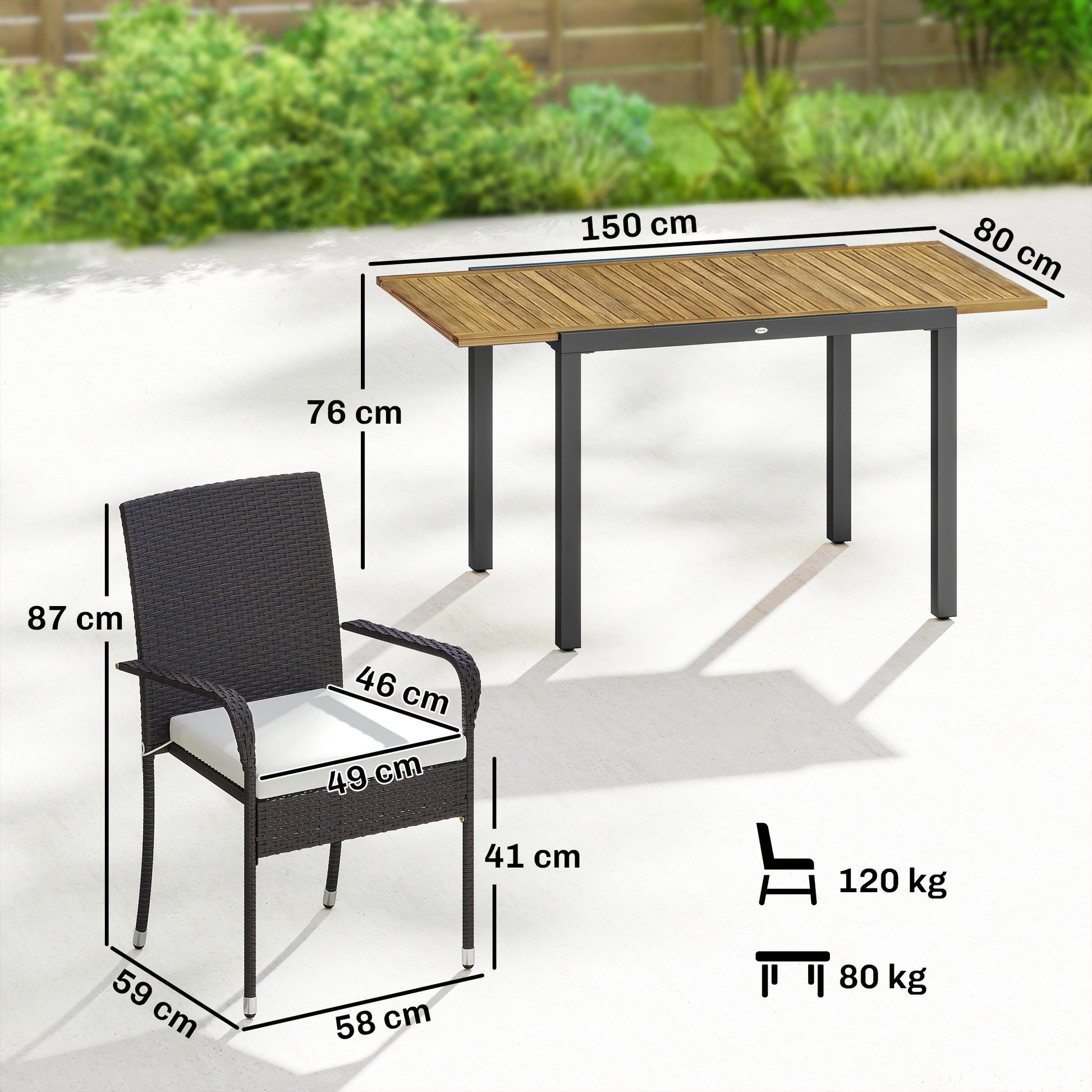 Outsunny Conjunto de Mesa y Sillas Jardín de Ratán de 7 Piezas, Muebles Jardín Exterior con Mesa Extensible 100-150 cm Tablero Madera y 6 Sillas Apilables con Cojines Extraíbles, Marco de Acero, Crema