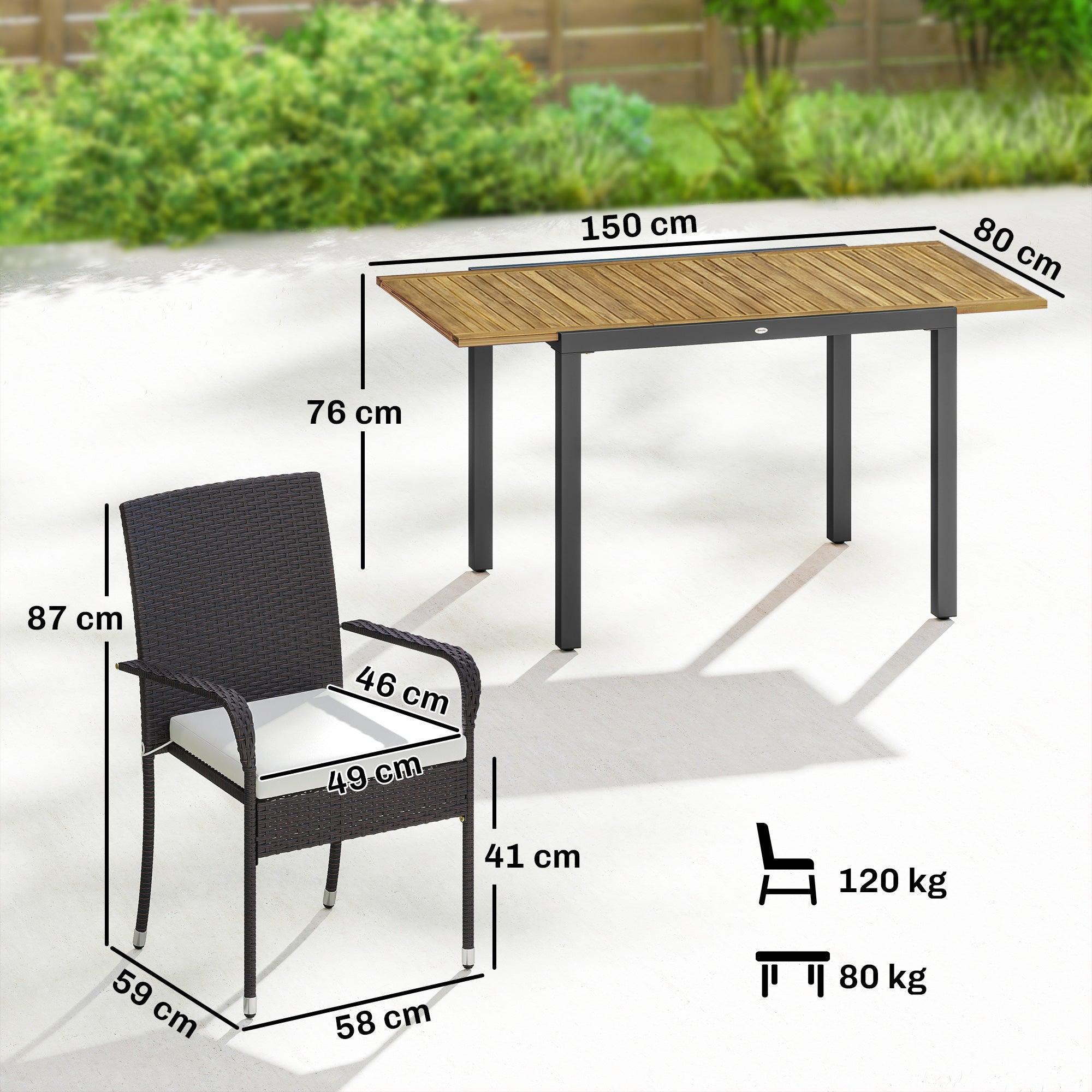 Outsunny Conjunto de Mesa y Sillas Jardín de Ratán de 7 Piezas, Muebles Jardín Exterior con Mesa Extensible 100-150 cm Tablero Madera y 6 Sillas Apilables con Cojines Extraíbles, Marco de Acero, Crema