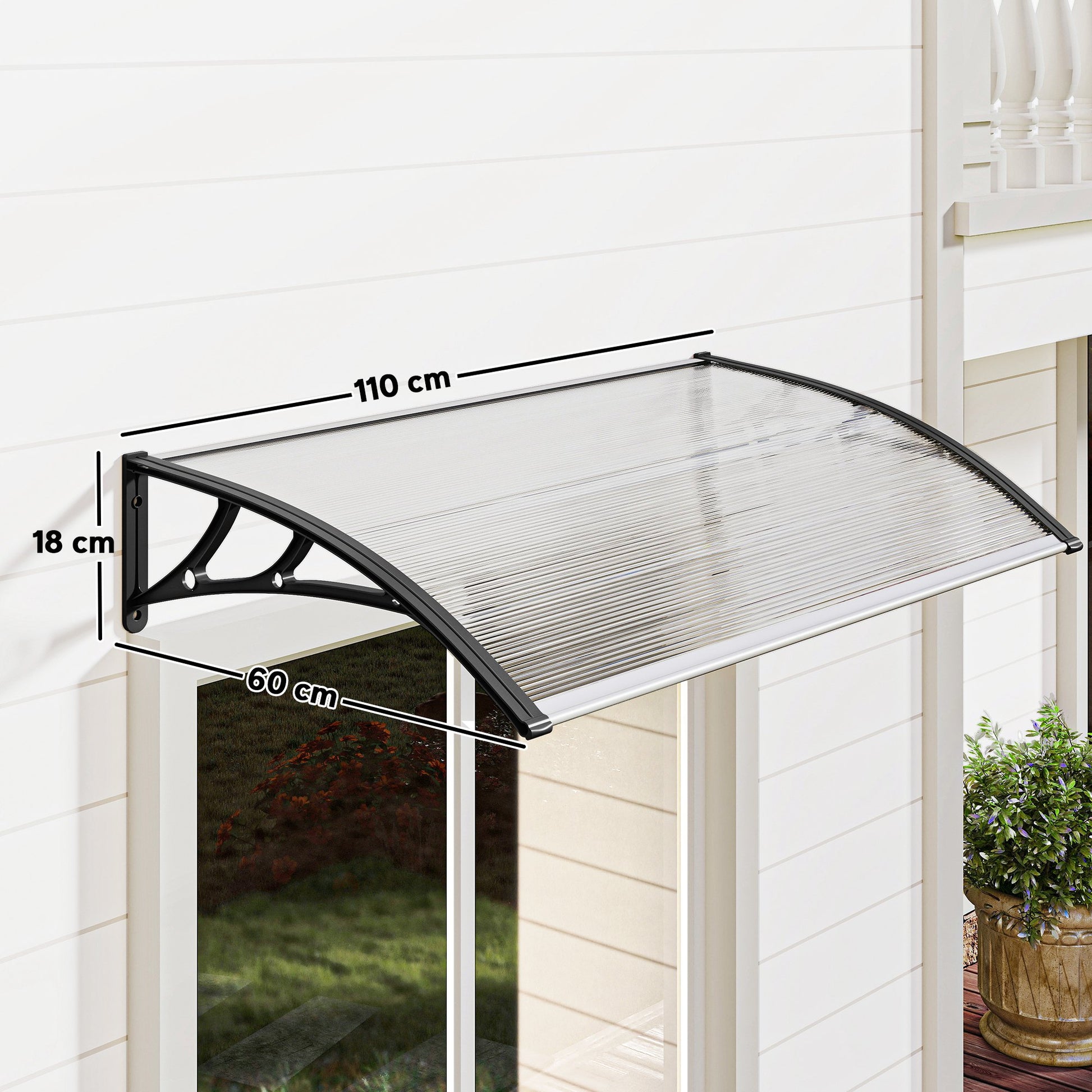Outsunny Marquesinas Exterior para Puertas y Ventanas, 110x60 cm, Tejadillo de Protección contra Sol y Lluvia, con Cubierta de Policarbonato, Soportes de PP y Regleta de Aluminio, Negro y Transparente
