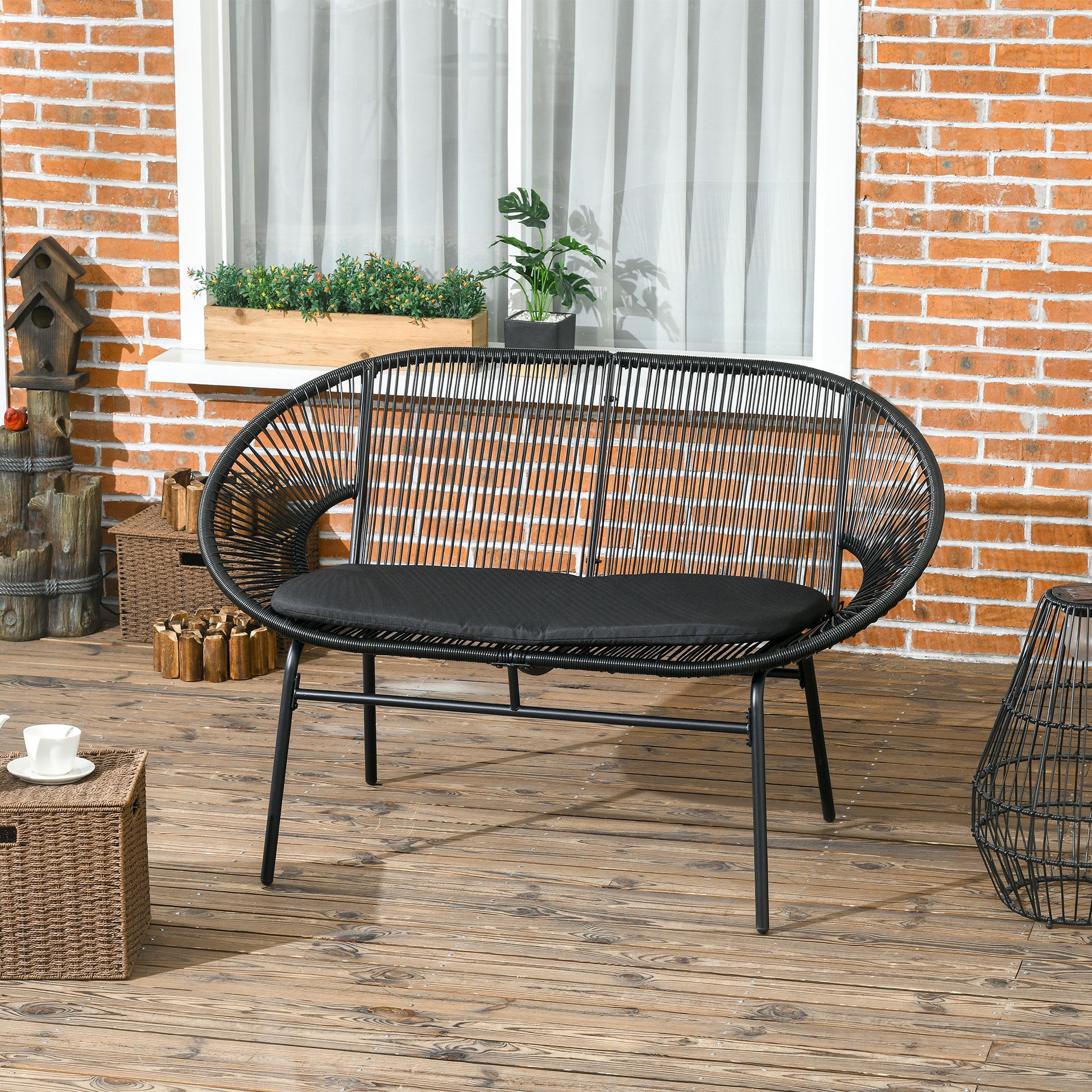 Outsunny Silla Acapulco de 2 Plazas Silla de Jardín con Reposabrazos Cojines y Marco de Acero Carga 260 kg para Balcón Terraza Patio 132x72x83 cm Negro