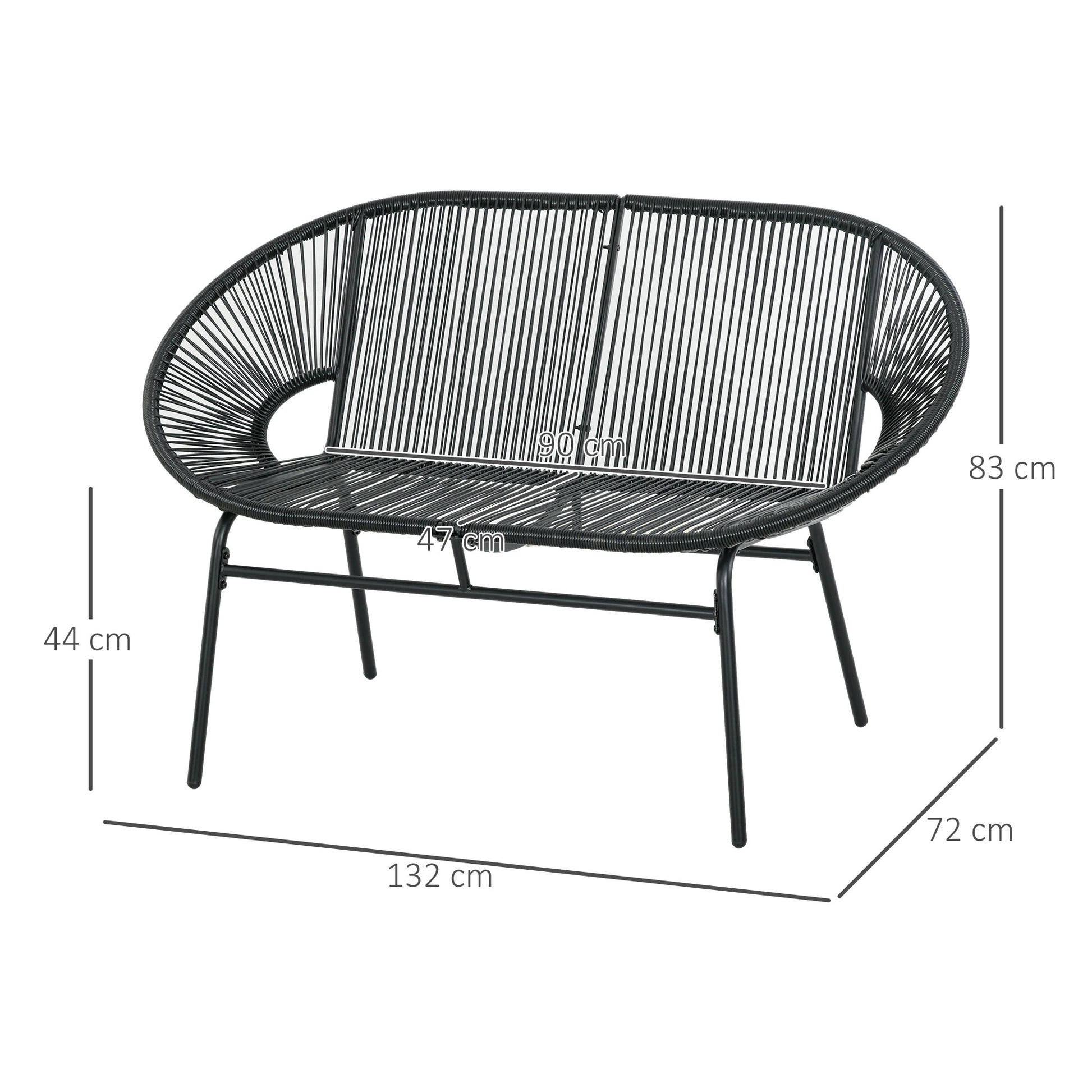 Outsunny Silla Acapulco de 2 Plazas Silla de Jardín con Reposabrazos Cojines y Marco de Acero Carga 260 kg para Balcón Terraza Patio 132x72x83 cm Negro