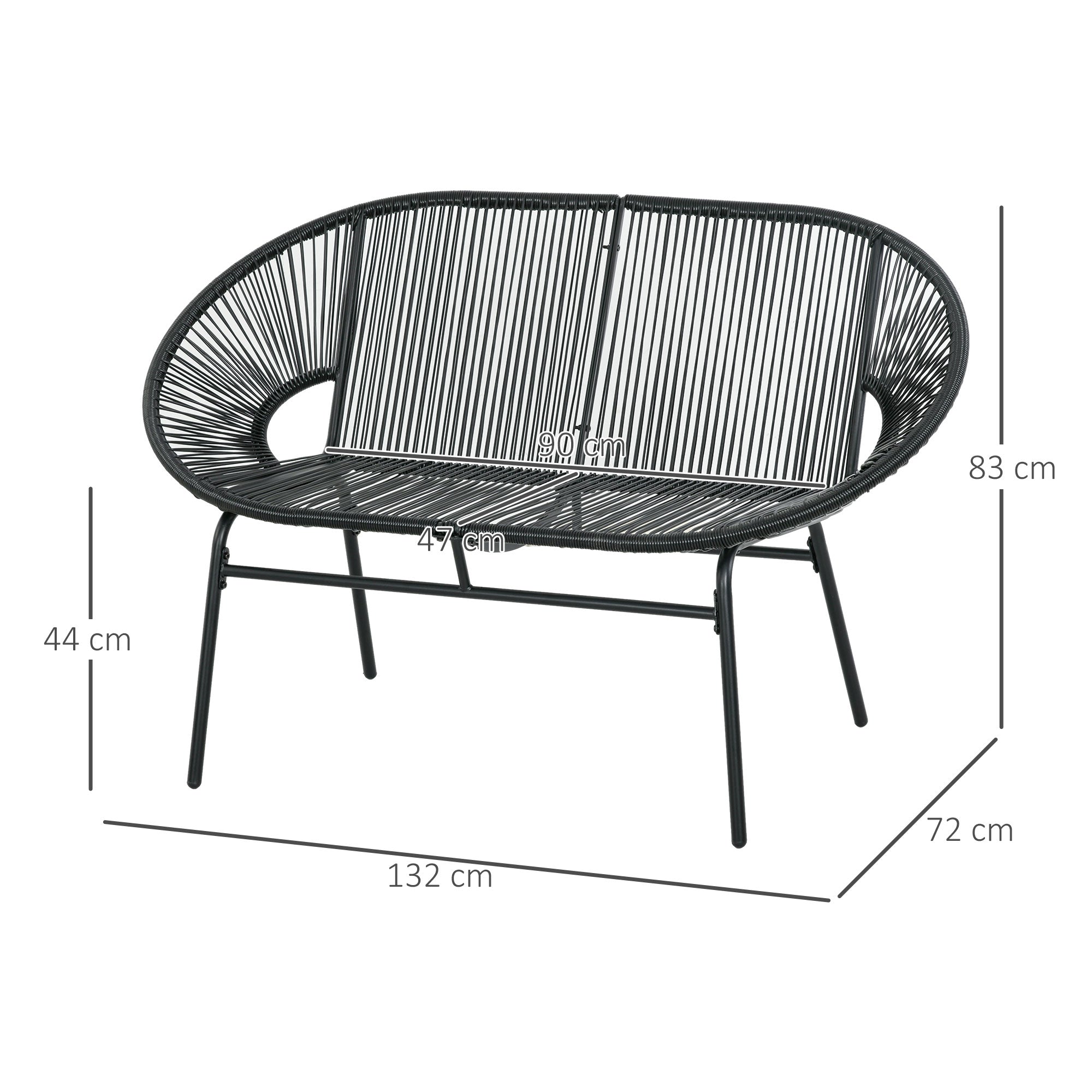 Outsunny Silla Acapulco de 2 Plazas Silla de Jardín con Reposabrazos Cojines y Marco de Acero Carga 260 kg para Balcón Terraza Patio 132x72x83 cm Negro