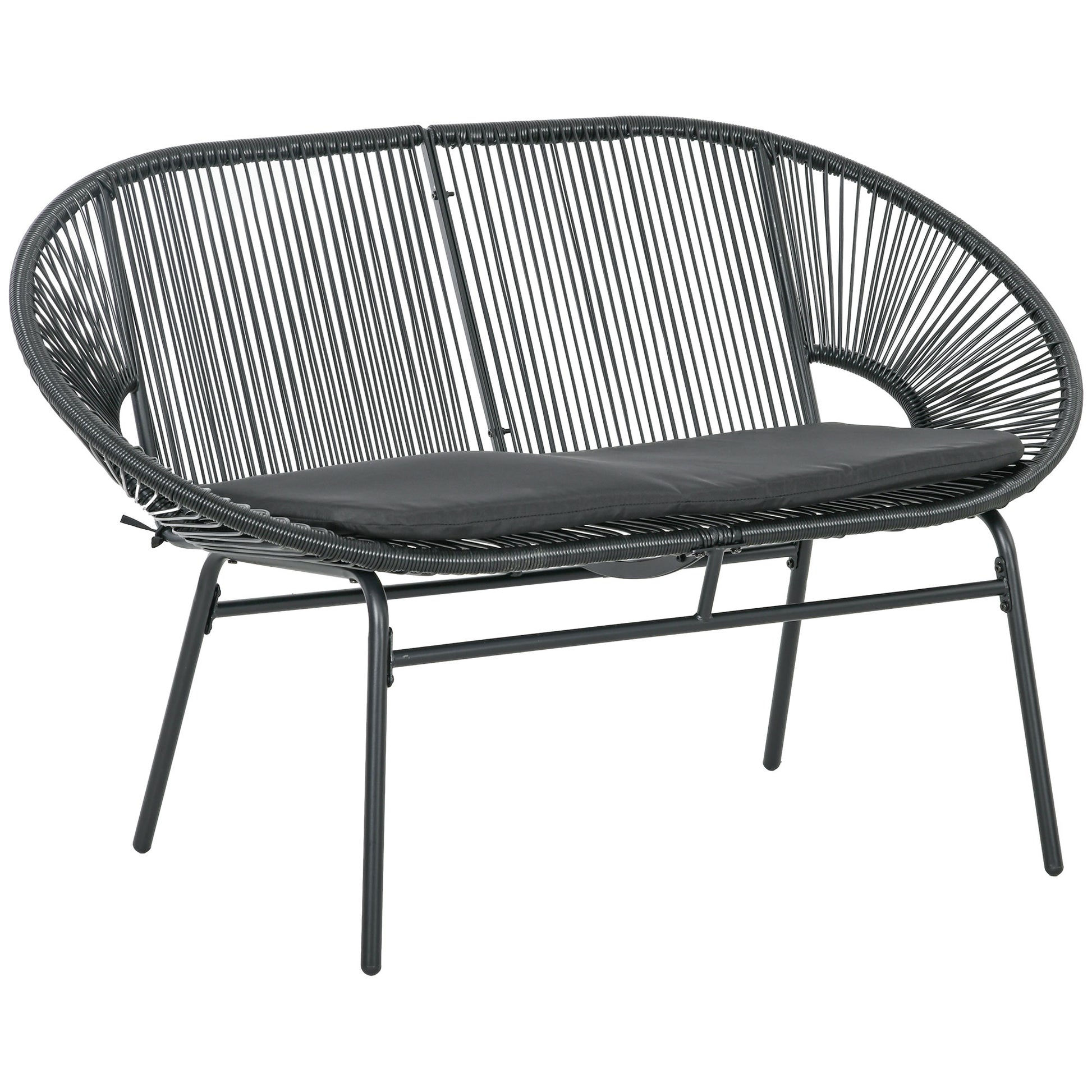 Outsunny Silla Acapulco de 2 Plazas Silla de Jardín con Reposabrazos Cojines y Marco de Acero Carga 260 kg para Balcón Terraza Patio 132x72x83 cm Negro