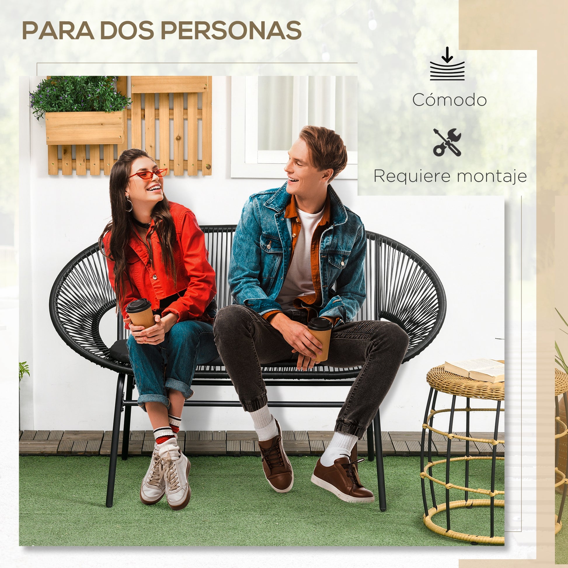 Outsunny Silla Acapulco de 2 Plazas Silla de Jardín con Reposabrazos Cojines y Marco de Acero Carga 260 kg para Balcón Terraza Patio 132x72x83 cm Negro