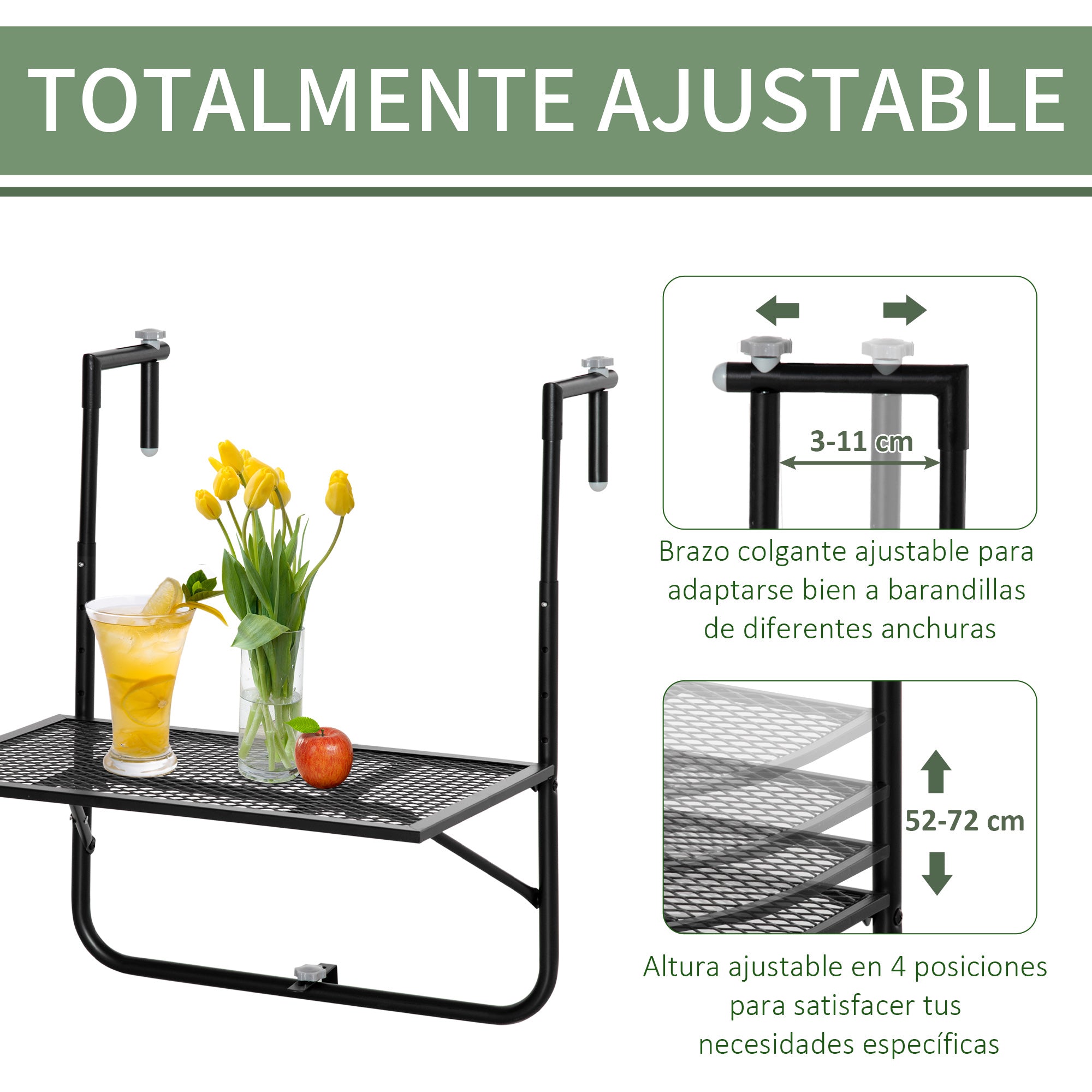 Outsunny Mesa Colgante de Balcón, Mesa Plegable para Balcón de Metal para Barandilla, con Altura Ajustable en 4 Niveles, Carga 10 kg, para Terraza, Jardín, Exterior, 60x60x57-72 cm, Negro