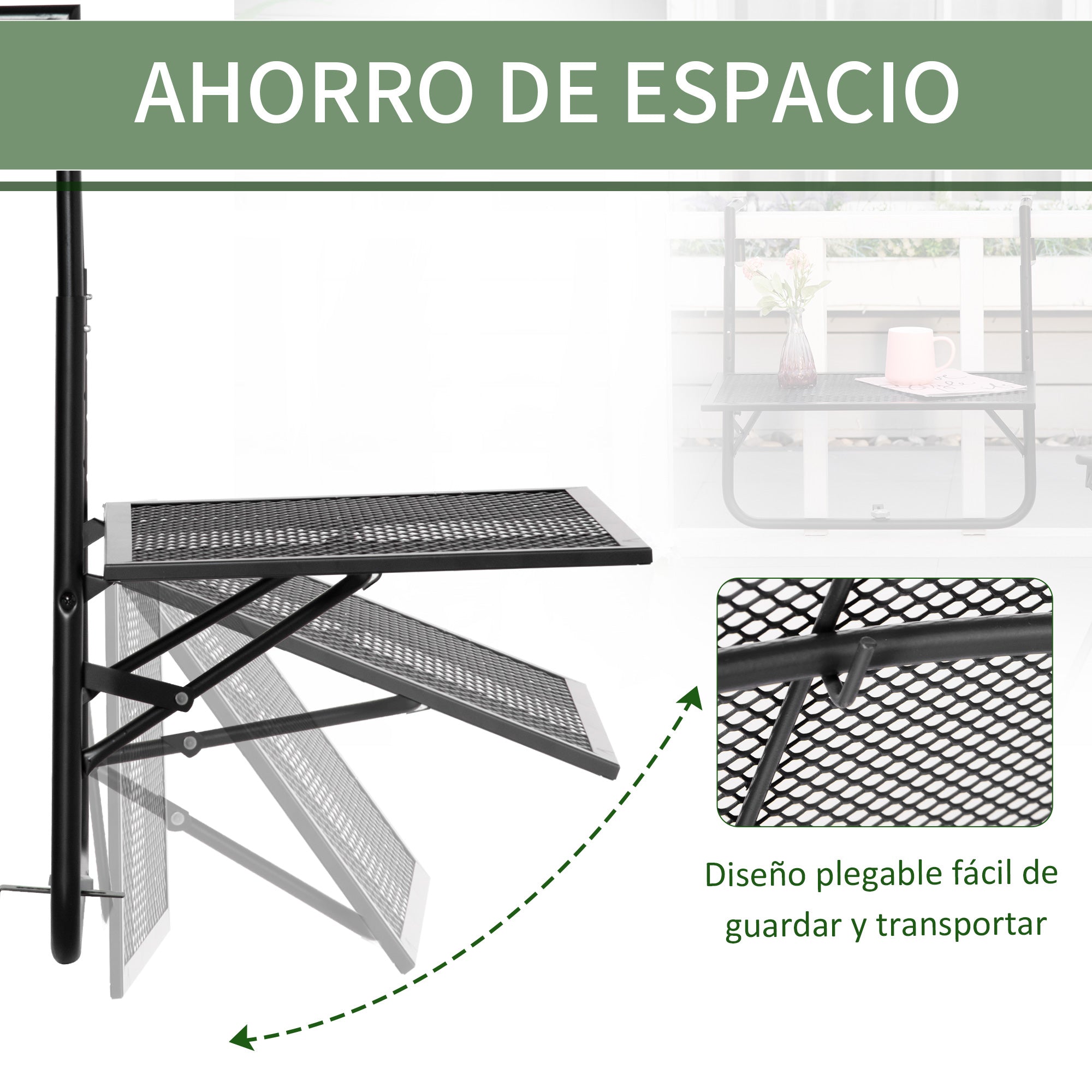 Outsunny Mesa Colgante de Balcón, Mesa Plegable para Balcón de Metal para Barandilla, con Altura Ajustable en 4 Niveles, Carga 10 kg, para Terraza, Jardín, Exterior, 60x60x57-72 cm, Negro