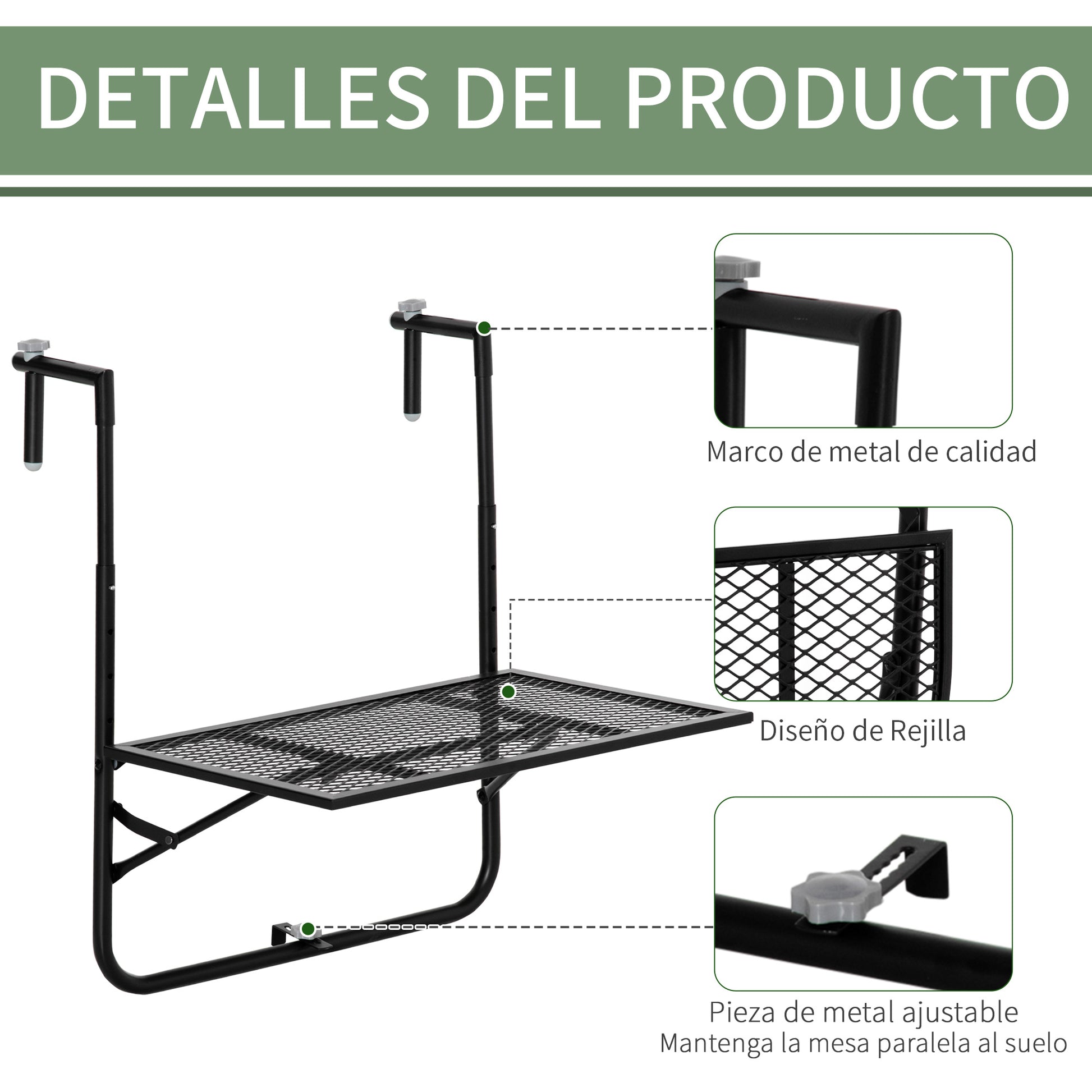 Outsunny Mesa Colgante de Balcón, Mesa Plegable para Balcón de Metal para Barandilla, con Altura Ajustable en 4 Niveles, Carga 10 kg, para Terraza, Jardín, Exterior, 60x60x57-72 cm, Negro