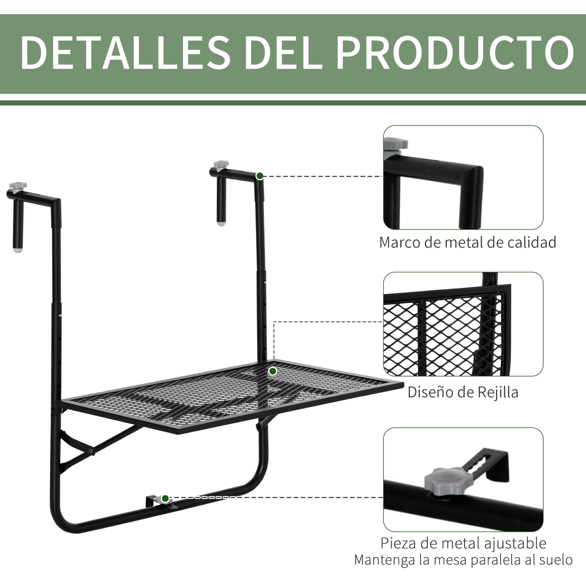 Outsunny Mesa Colgante de Balcón, Mesa Plegable para Balcón de Metal para Barandilla, con Altura Ajustable en 4 Niveles, Carga 10 kg, para Terraza, Jardín, Exterior, 60x60x57-72 cm, Negro