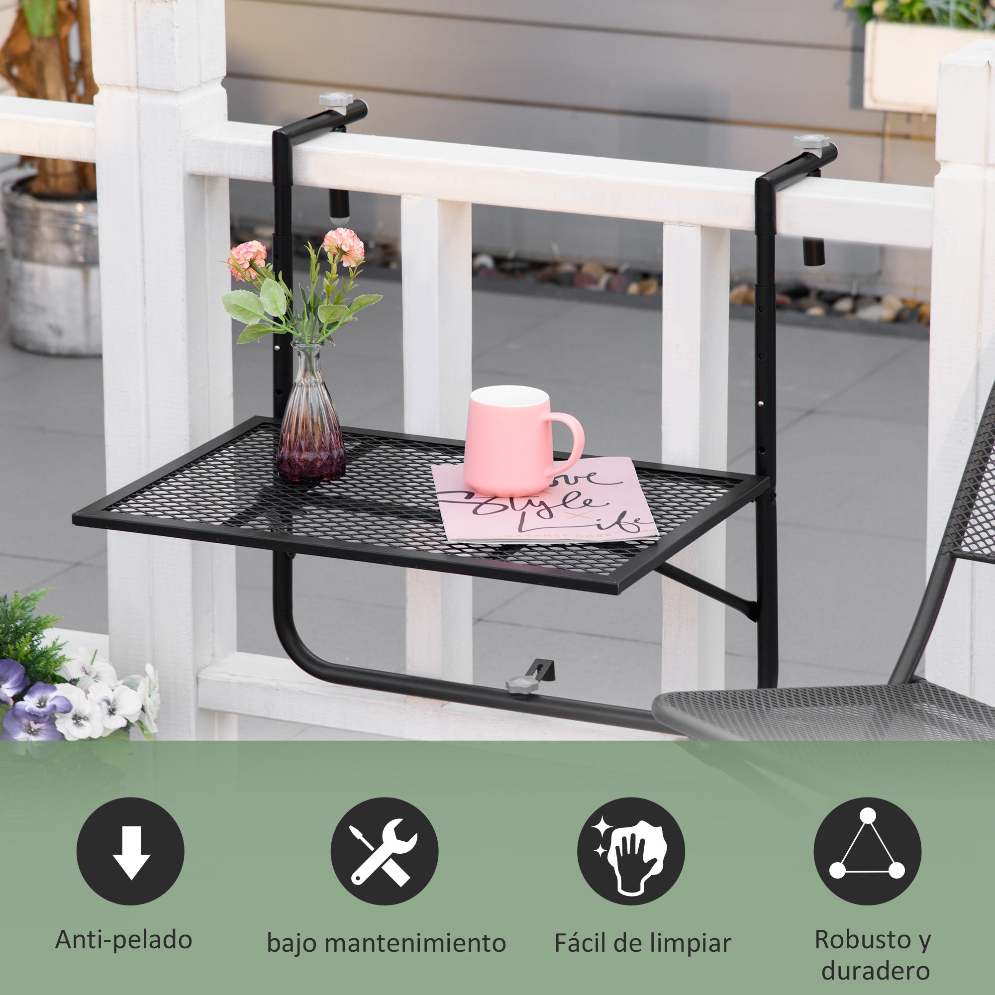 Outsunny Mesa Colgante de Balcón, Mesa Plegable para Balcón de Metal para Barandilla, con Altura Ajustable en 4 Niveles, Carga 10 kg, para Terraza, Jardín, Exterior, 60x60x57-72 cm, Negro