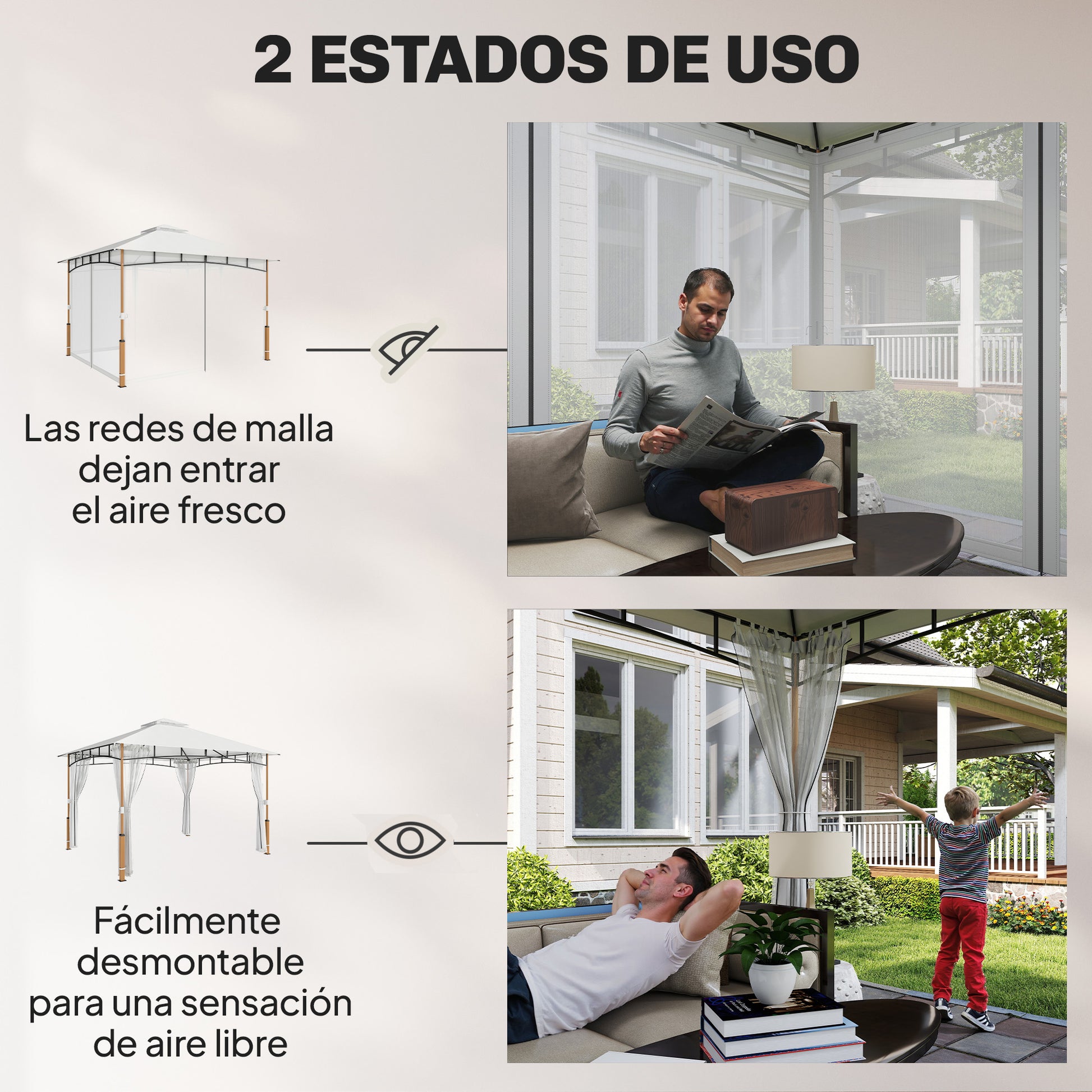 Outsunny Cenador para Jardín 3x3,6 m, Pabellón de Jardín Gazebo con Doble Techo, Paredes de Malla, UPF50+, Estructura de Metal, Carpa para Exterior, Terraza, Patio, Crema y Teca