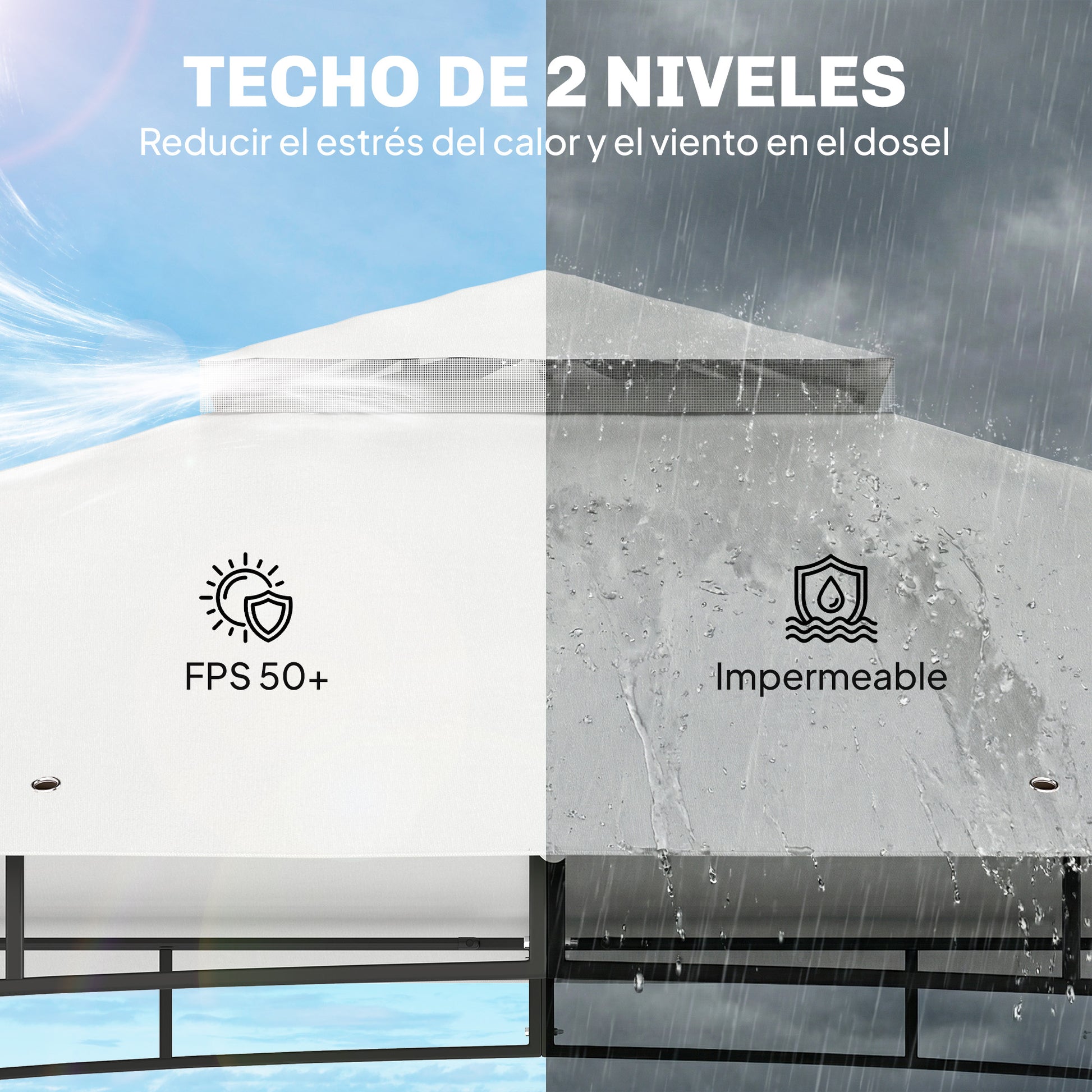 Outsunny Cenador para Jardín 3x3,6 m, Pabellón de Jardín Gazebo con Doble Techo, Paredes de Malla, UPF50+, Estructura de Metal, Carpa para Exterior, Terraza, Patio, Crema y Teca
