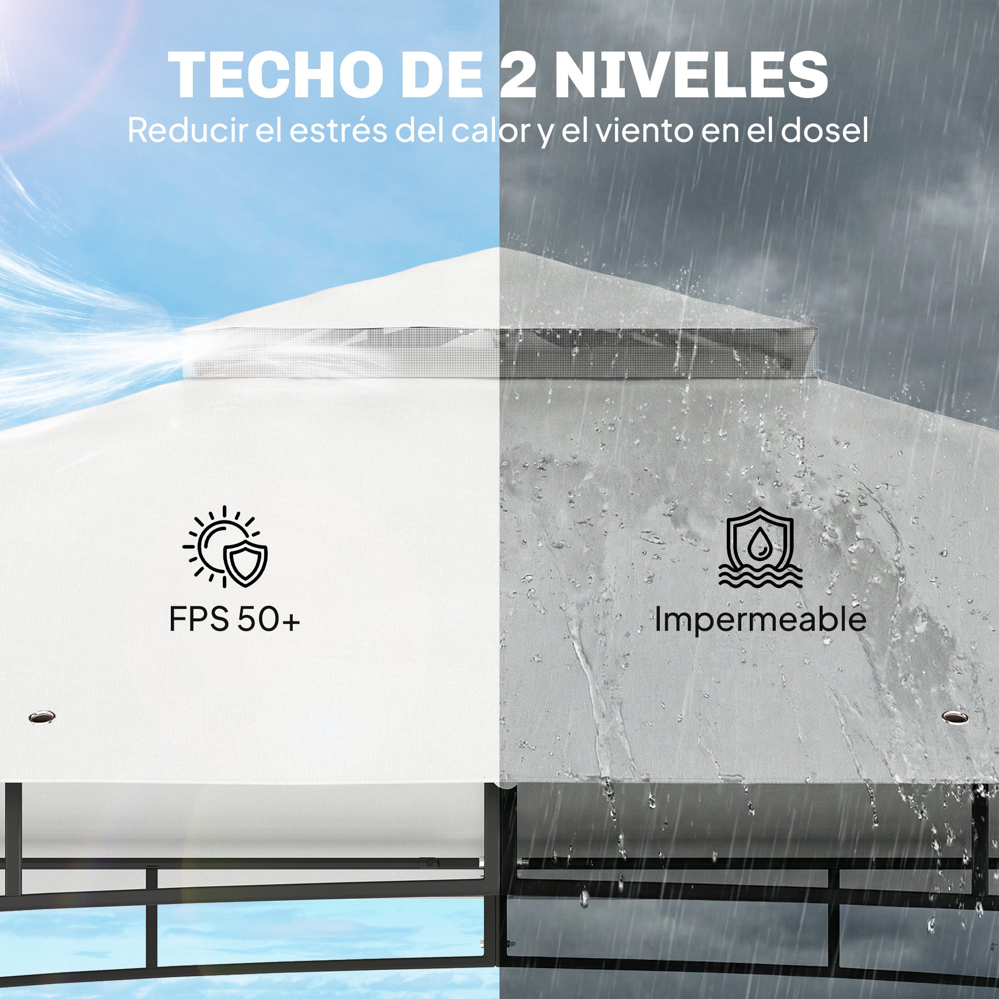 Outsunny Cenador para Jardín 3x3,6 m, Pabellón de Jardín Gazebo con Doble Techo, Paredes de Malla, UPF50+, Estructura de Metal, Carpa para Exterior, Terraza, Patio, Crema y Teca