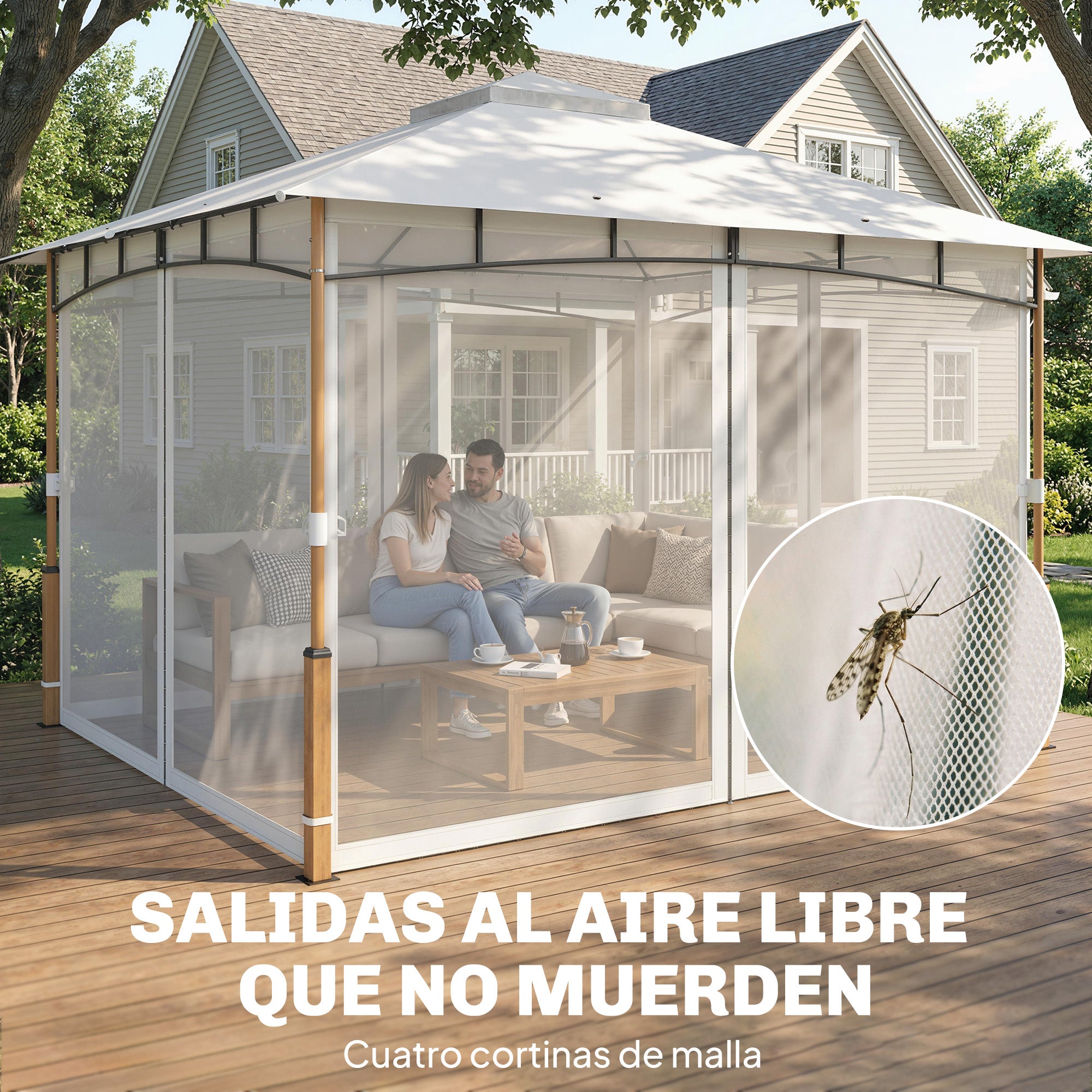 Outsunny Cenador para Jardín 3x3,6 m, Pabellón de Jardín Gazebo con Doble Techo, Paredes de Malla, UPF50+, Estructura de Metal, Carpa para Exterior, Terraza, Patio, Crema y Teca
