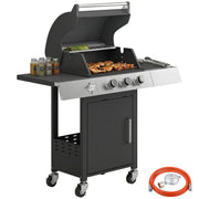 Outsunny Barbacoa de Gas BBQ Gas con 3 Quemadores 8,1 kW Barbacoa Portátil con Termómetro Mesas Laterales Armario Rejilla Calentadora Parrillas de Hierro Fundido Recogedor Grasa y 4 Ruedas Negro