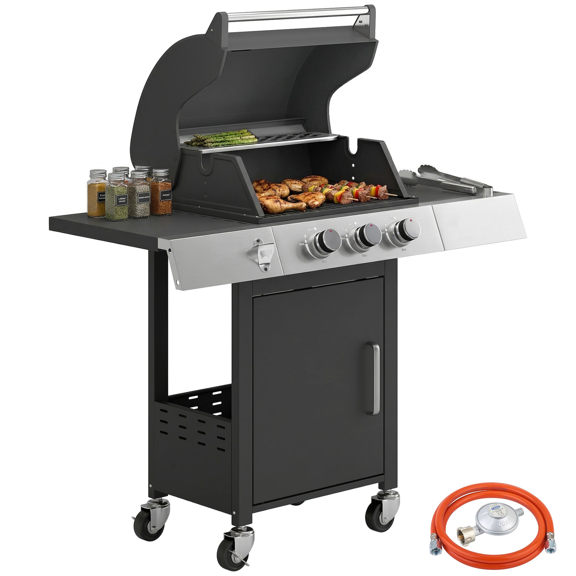 Outsunny Barbacoa de Gas BBQ Gas con 3 Quemadores 8,1 kW Barbacoa Portátil con Termómetro Mesas Laterales Armario Rejilla Calentadora Parrillas de Hierro Fundido Recogedor Grasa y 4 Ruedas Negro