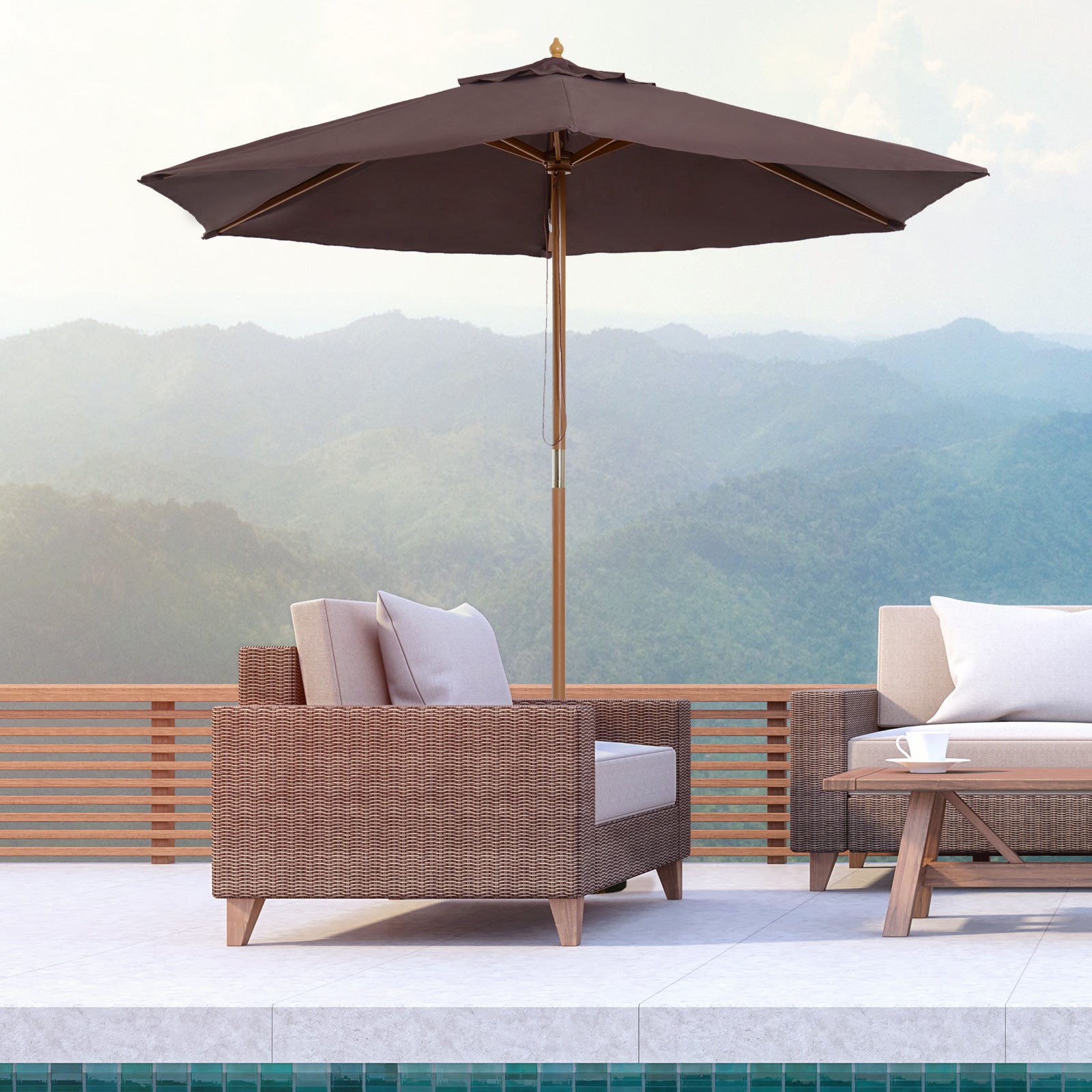 Outsunny Sombrilla de Jardín Ø250x230 cm Parasol de Terraza con 6 Varillas Poste Desmontable Anti-UV Impermeable y Marco de Madera para Playa Patio Café