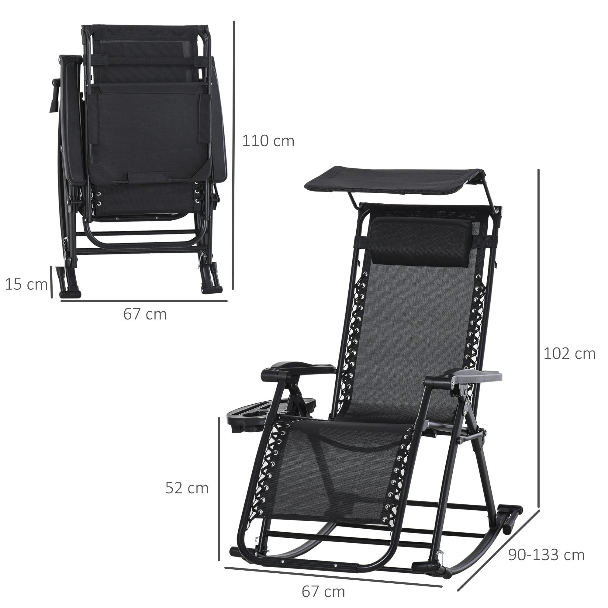 Outsunny Silla Mecedora de Jardín Plegable Tumbona Reclinable con Techo Protección Solar Reposacabezas Extraíble y Reposapiés Estructura de Acero 120x67x102 cm Negro