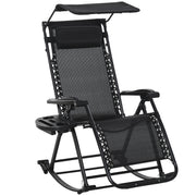 Outsunny Silla Mecedora de Jardín Plegable Tumbona Reclinable con Techo Protección Solar Reposacabezas Extraíble y Reposapiés Estructura de Acero 120x67x102 cm Negro