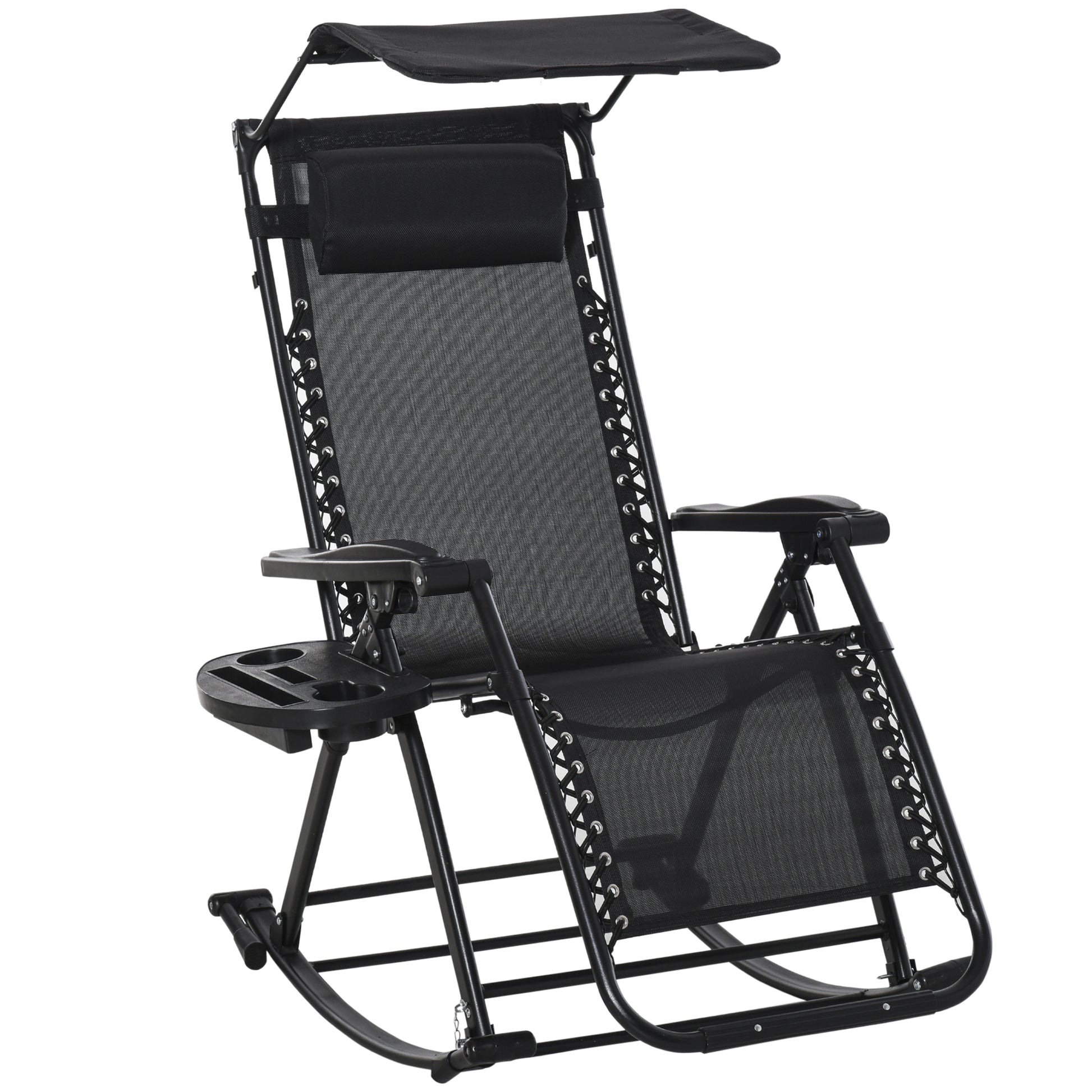 Outsunny Silla Mecedora de Jardín Plegable Tumbona Reclinable con Techo Protección Solar Reposacabezas Extraíble y Reposapiés Estructura de Acero 120x67x102 cm Negro