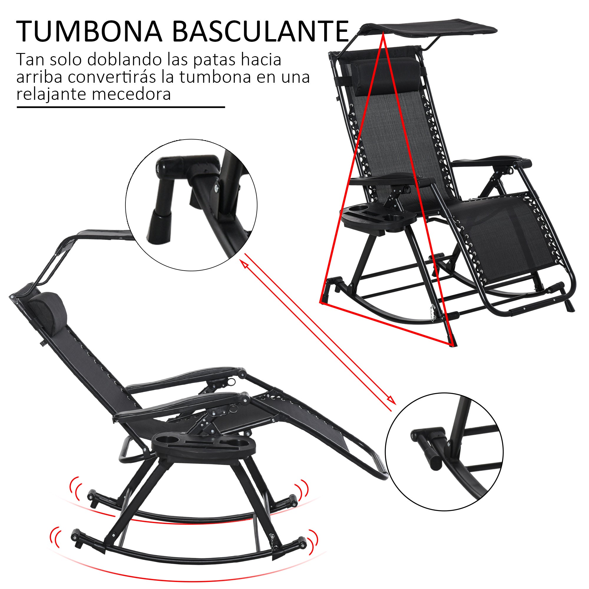 Outsunny Silla Mecedora de Jardín Plegable Tumbona Reclinable con Techo Protección Solar Reposacabezas Extraíble y Reposapiés Estructura de Acero 120x67x102 cm Negro
