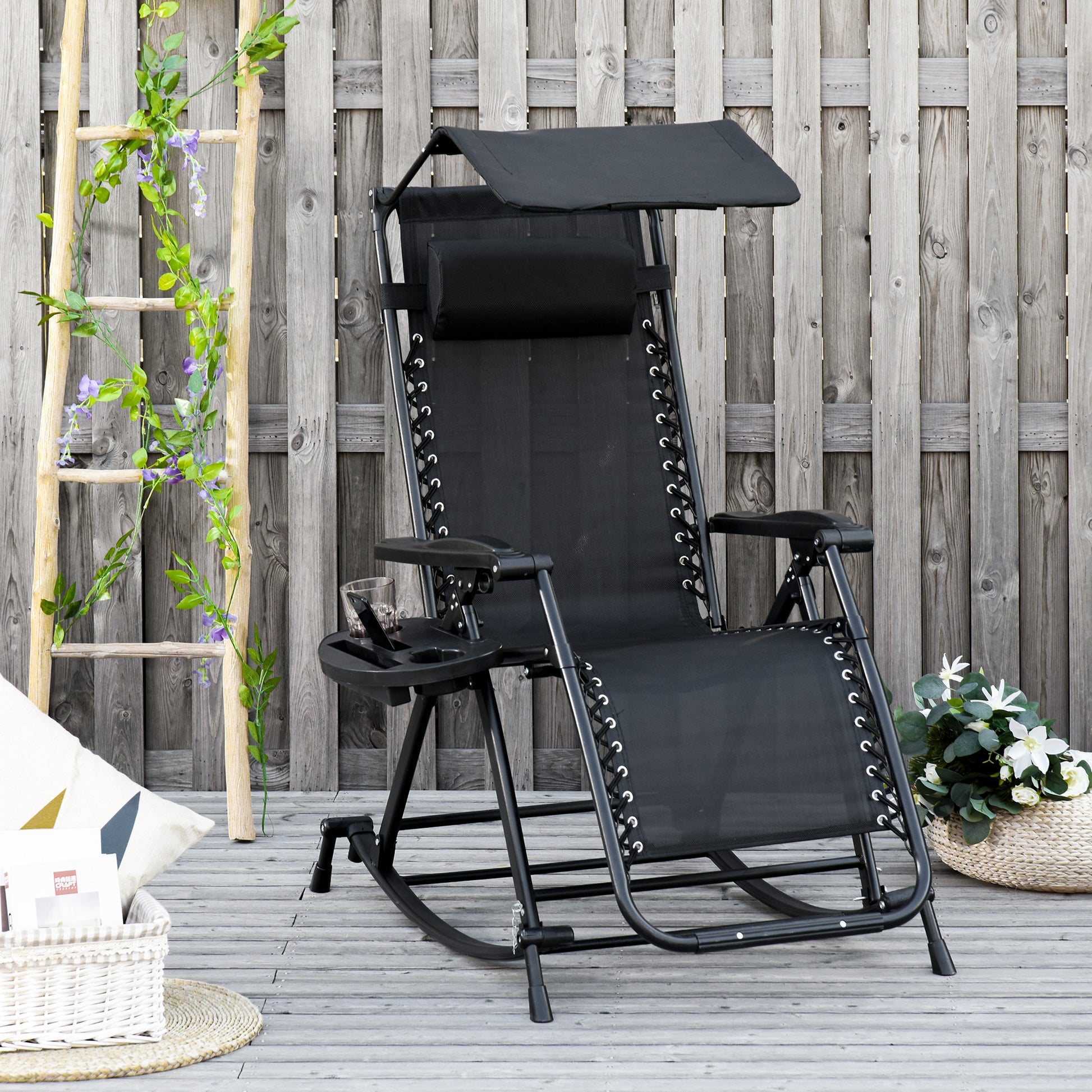 Outsunny Silla Mecedora de Jardín Plegable Tumbona Reclinable con Techo Protección Solar Reposacabezas Extraíble y Reposapiés Estructura de Acero 120x67x102 cm Negro
