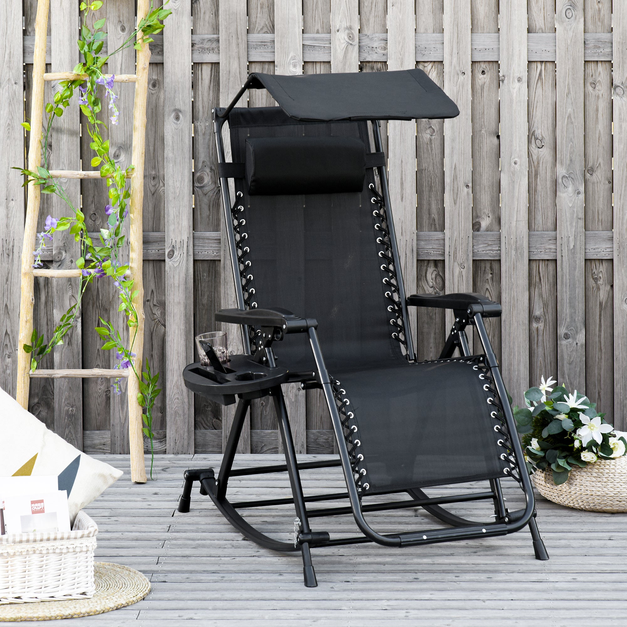 Outsunny Silla Mecedora de Jardín Plegable Tumbona Reclinable con Techo Protección Solar Reposacabezas Extraíble y Reposapiés Estructura de Acero 120x67x102 cm Negro