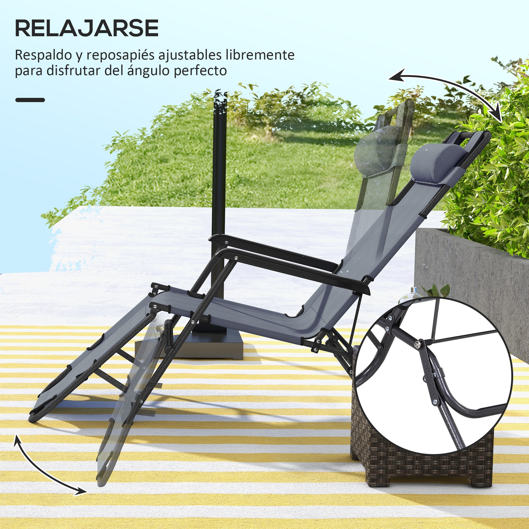 Outsunny Tumbona Reclinable y Plegable Tumbona de Jardín con Respaldo Ajustable en 2 Niveles Reposacabezas y Bolsillo Silla Tumbona para Terraza Carga 136 kg 118x60x80 cm Gris