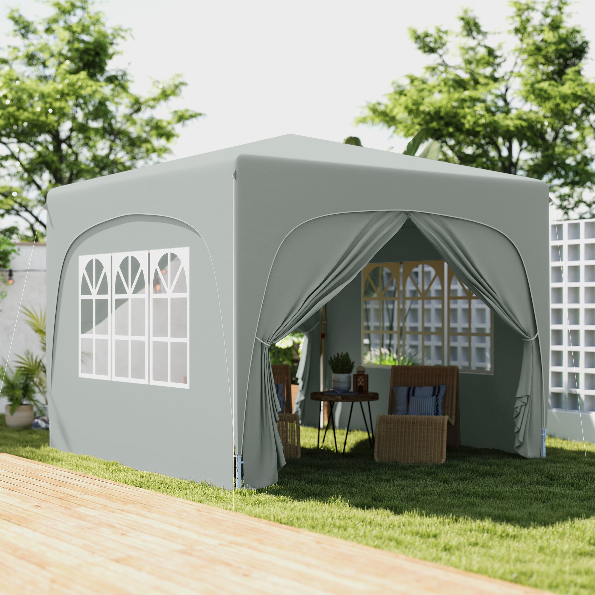 Outsunny Carpa Plegable 3x3 m, Cenador Pabellón de Jardín con Altura Ajustable de 3 Niveles, 4 Paredes Laterales, Ventanas y Bolsa Transporte, UPF50+, Impermeable para Fiestas, Exterior, Gris