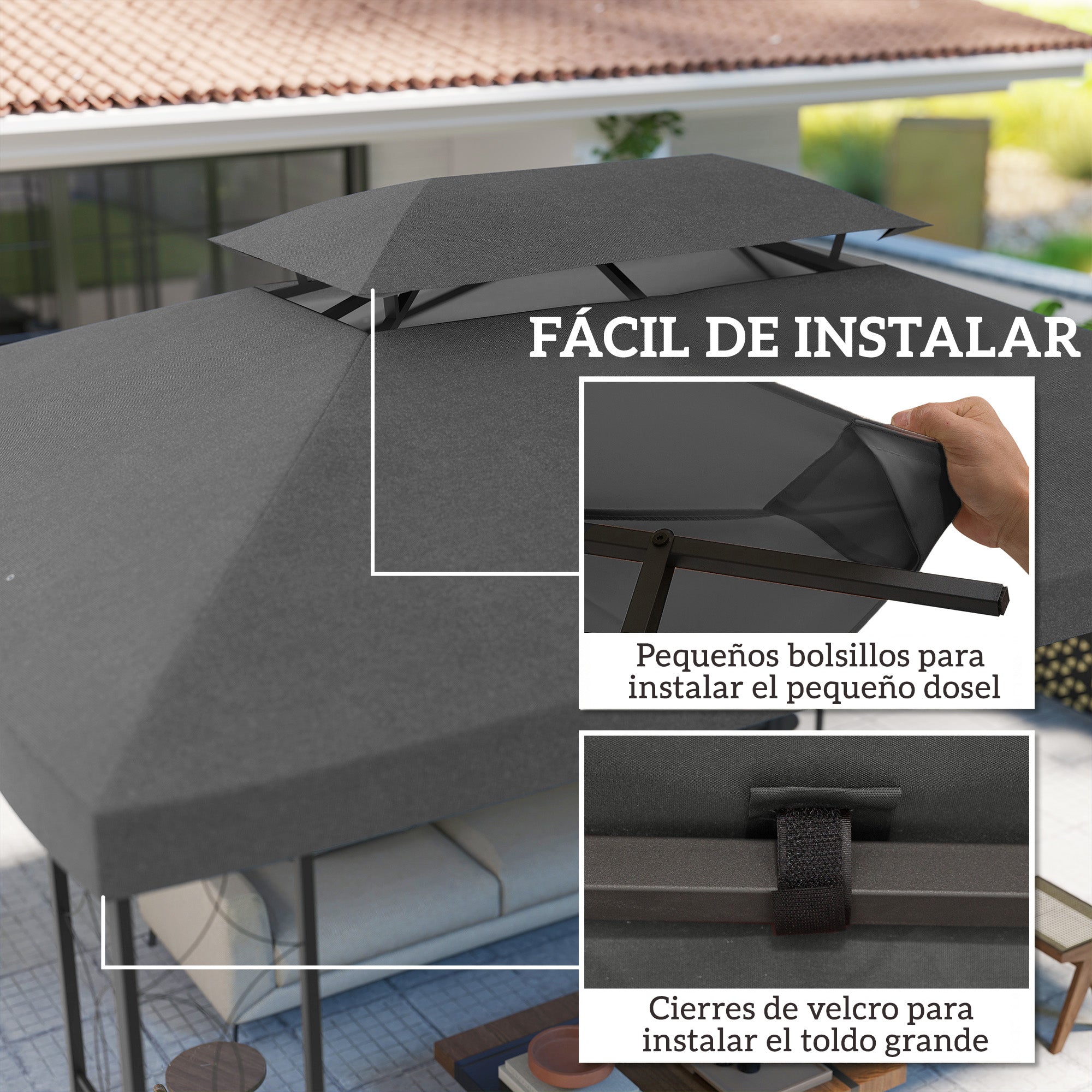 Outsunny Techo de Repuesto para Cenador, 4x3 m, Cubierta de Repuesto con Techo Doble, 10 Orificios de Drenaje y Protección UV, SOLO Toldo de Recambio para Pabellón Gazebo, Gris
