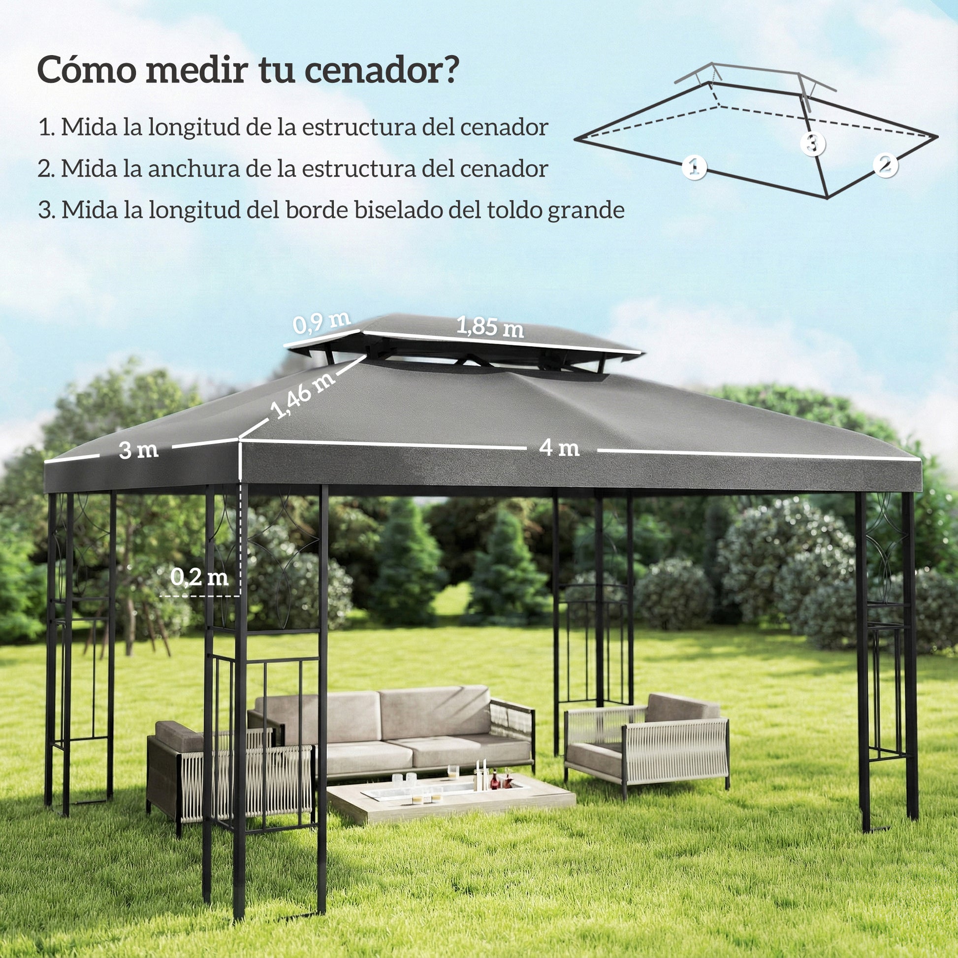 Outsunny Techo de Repuesto para Cenador, 4x3 m, Cubierta de Repuesto con Techo Doble, 10 Orificios de Drenaje y Protección UV, SOLO Toldo de Recambio para Pabellón Gazebo, Gris