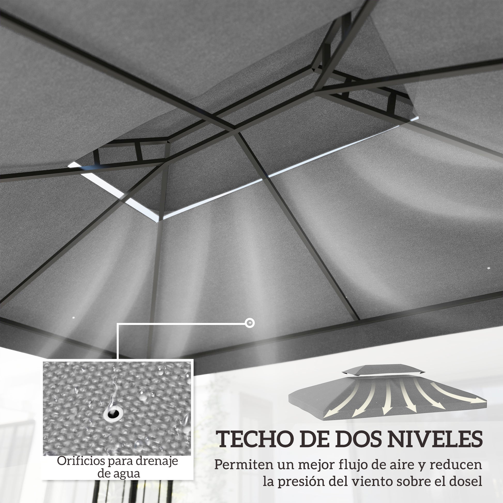 Outsunny Techo de Repuesto para Cenador, 4x3 m, Cubierta de Repuesto con Techo Doble, 10 Orificios de Drenaje y Protección UV, SOLO Toldo de Recambio para Pabellón Gazebo, Gris