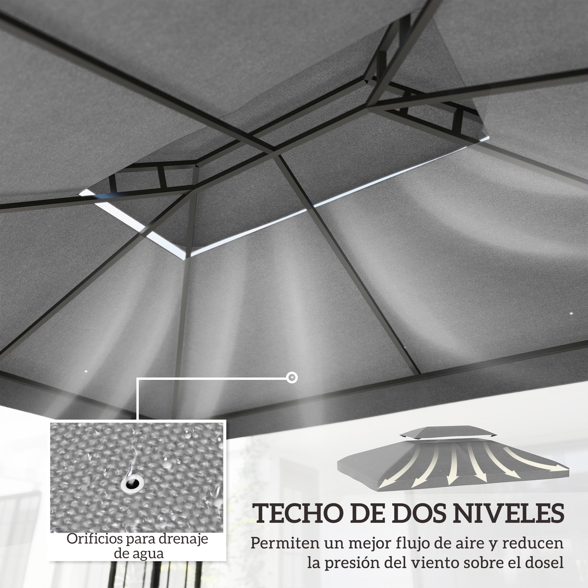 Outsunny Techo de Repuesto para Cenador, 4x3 m, Cubierta de Repuesto con Techo Doble, 10 Orificios de Drenaje y Protección UV, SOLO Toldo de Recambio para Pabellón Gazebo, Gris