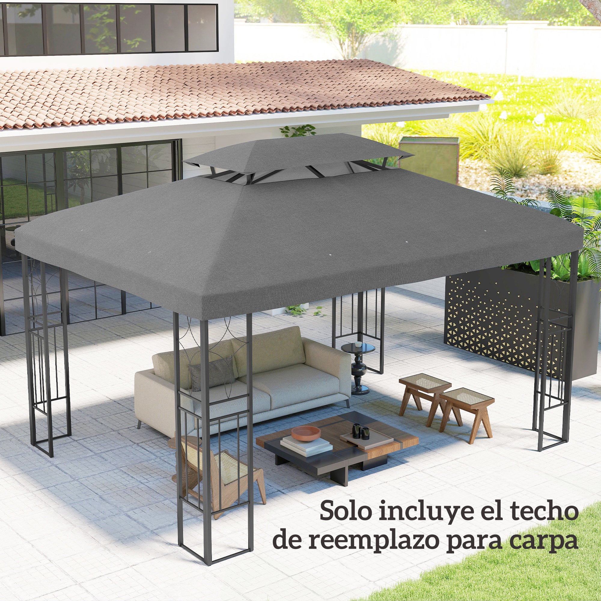 Outsunny Techo de Repuesto para Cenador, 4x3 m, Cubierta de Repuesto con Techo Doble, 10 Orificios de Drenaje y Protección UV, SOLO Toldo de Recambio para Pabellón Gazebo, Gris