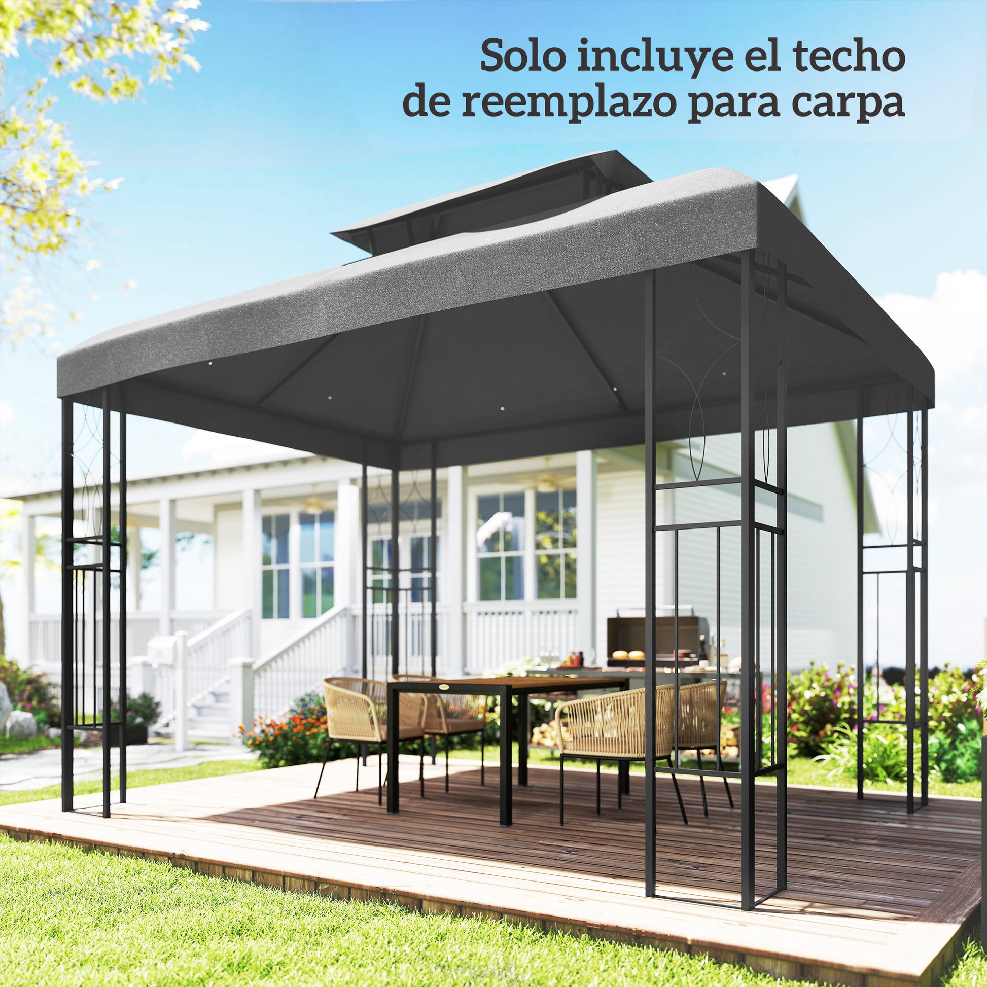 Outsunny Techo de Repuesto para Cenador, 4x3 m, Cubierta de Repuesto con Techo Doble, 10 Orificios de Drenaje y Protección UV, SOLO Toldo de Recambio para Pabellón Gazebo, Gris