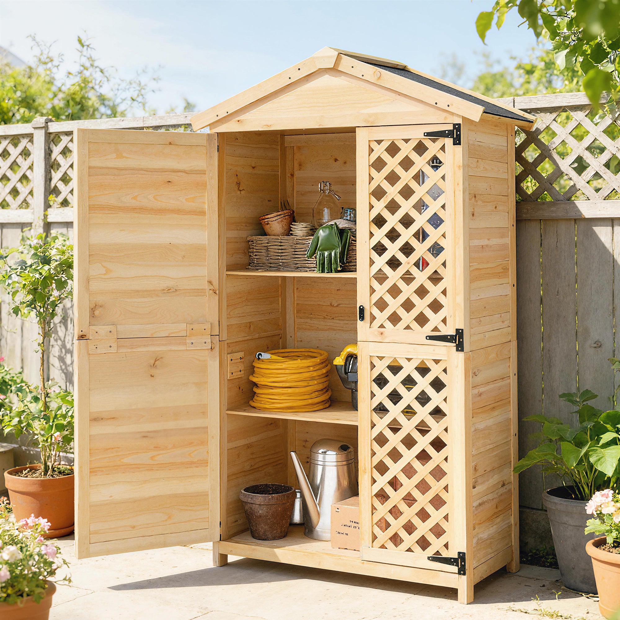 Outsunny Armario de Exterior de Madera Caseta Jardín Exterior con Techo de Asfalto 2 Puertas Ventiladas con Pestillo 2 Estantes Extraíbles Cobertizo de Jardín para Almacenaje Herramientas Natural