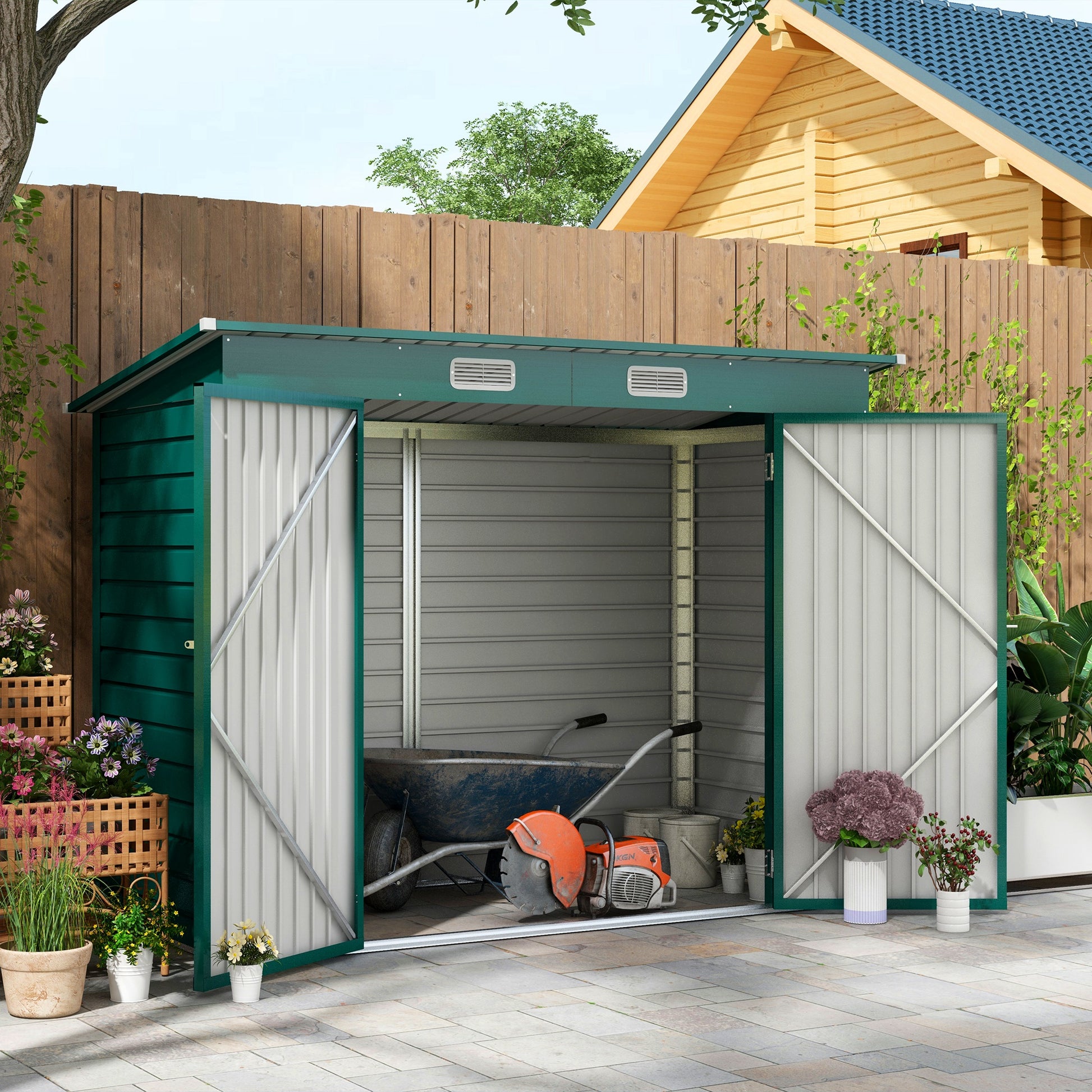 Outsunny Caseta de Jardín Exterior 2,7m² 249x121x183 cm Cobertizo de Jardín Exterior con Doble Puerta 2 Ventilaciones y Pestillo Cobertizo para Terraza Patio Fácil Montar Verde